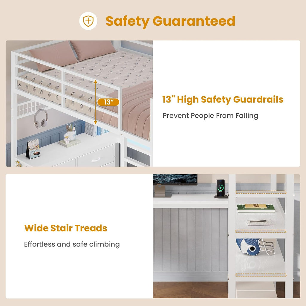 ADORNEVE Loft Bed Full Size with U-Shaped Desk, 6 Storage Drawers, Power Outlet, LED Metal Loft Bed with 2 Storage Shelves, Bed with Safety Guardrail & Ladders,Space-Saving,White