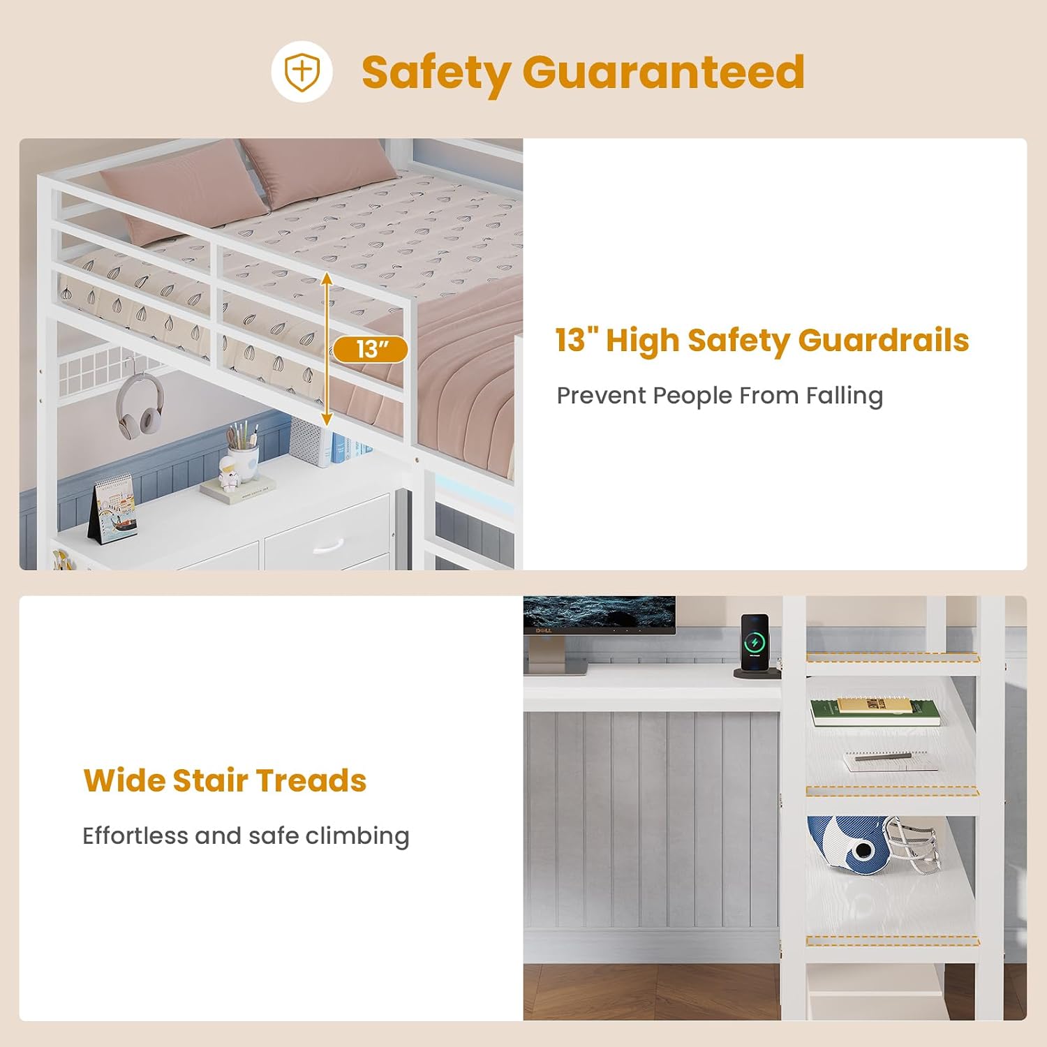 ADORNEVE Loft Bed Full Size with U-Shaped Desk, 6 Storage Drawers, Power Outlet, LED Metal Loft Bed with 2 Storage Shelves, Bed with Safety Guardrail & Ladders,Space-Saving,White