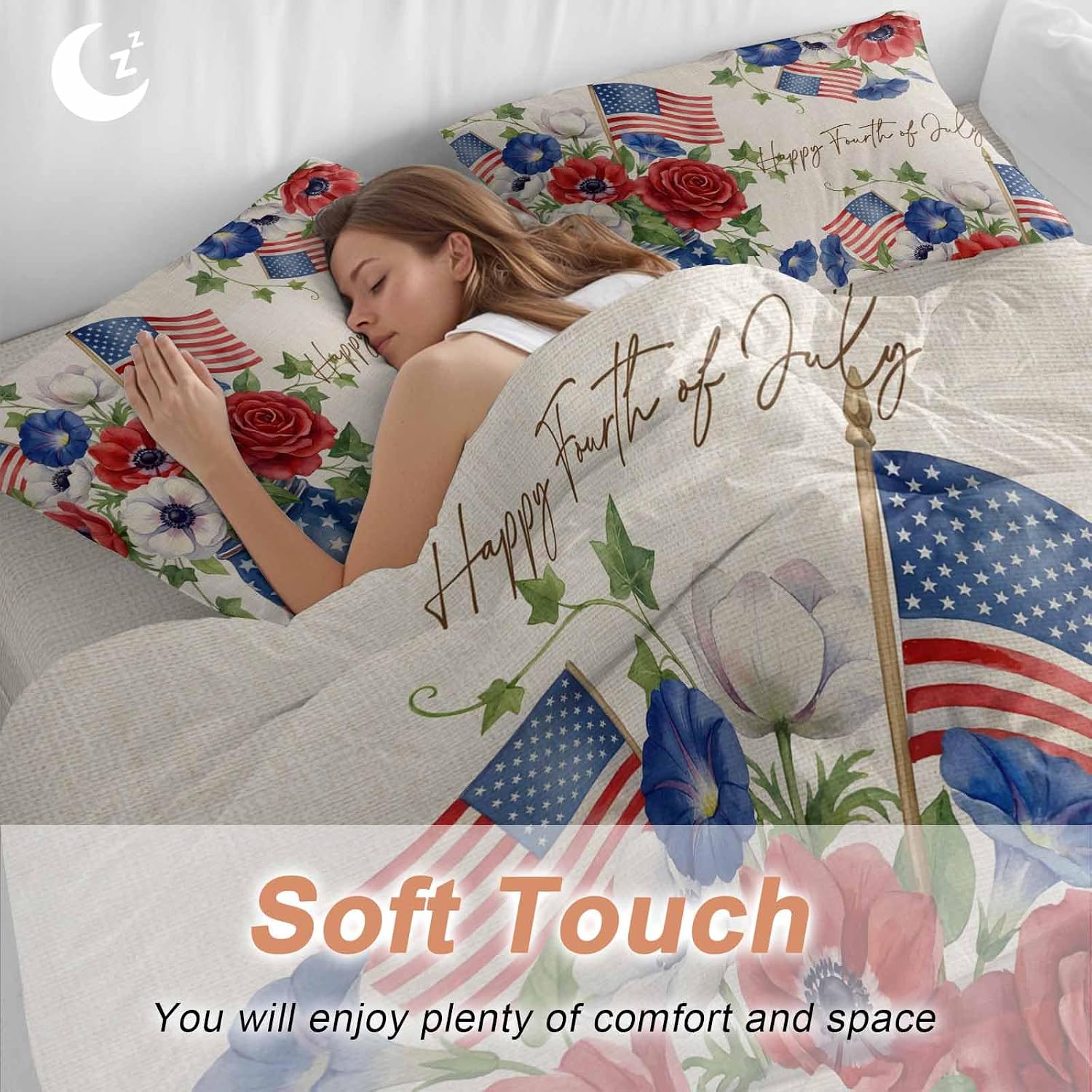 Happy Independence Day Duvet Cover Set Queen Size 4 Pieces U. S. Flag Flowers White Five-Pointed Stars Bedding Set with Zipper Closure, 1 Comforter Cover 86x86 Inches 1 Flat Sheet & 2 Pillow Cases