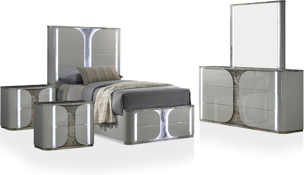 Furniture of America Bruna Modern Wood 5-Piece Bedroom Set with Touch-Control LED Bed, Felt-Lined Top Drawer and LED on Nightstands and Dresser with Mirror, No Box Spring Needed, Twin, Light Gray
