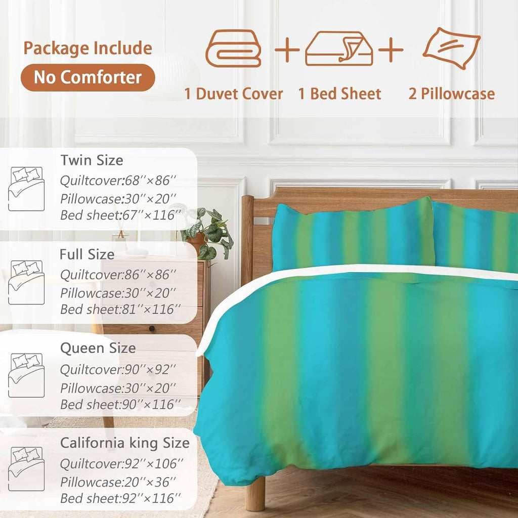 Blue Green Gradient Duvet Cover Set Queen Size 4 Pieces Color Striped Ombre Modern Minimalist Art Bedding Set with Zipper Closure, 1 Comforter Cover 92x106 Inches 1 Flat Sheet & 2 Pillow Cases
