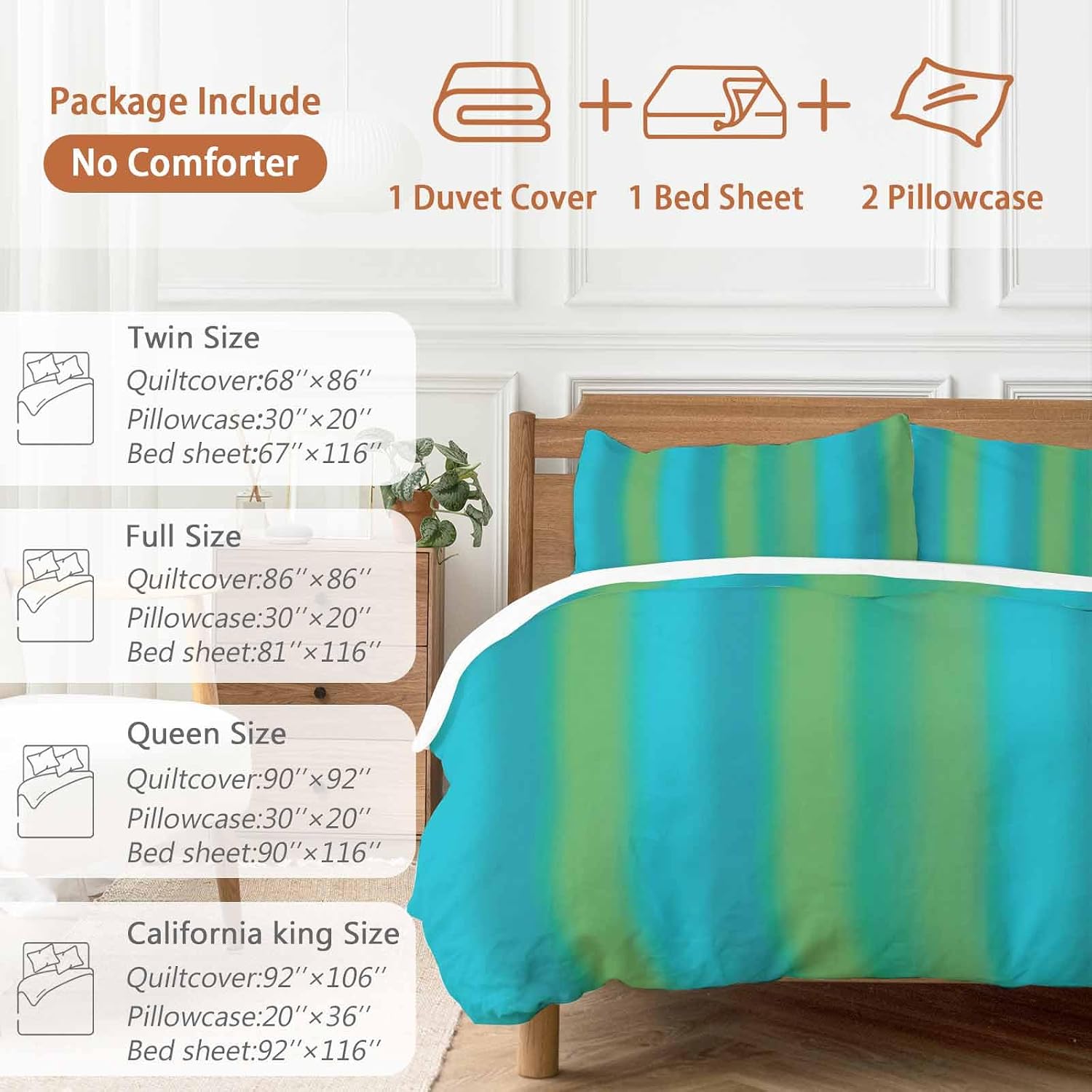 Blue Green Gradient Duvet Cover Set Queen Size 4 Pieces Color Striped Ombre Modern Minimalist Art Bedding Set with Zipper Closure, 1 Comforter Cover 90x92 Inches 1 Flat Sheet & 2 Pillow Cases