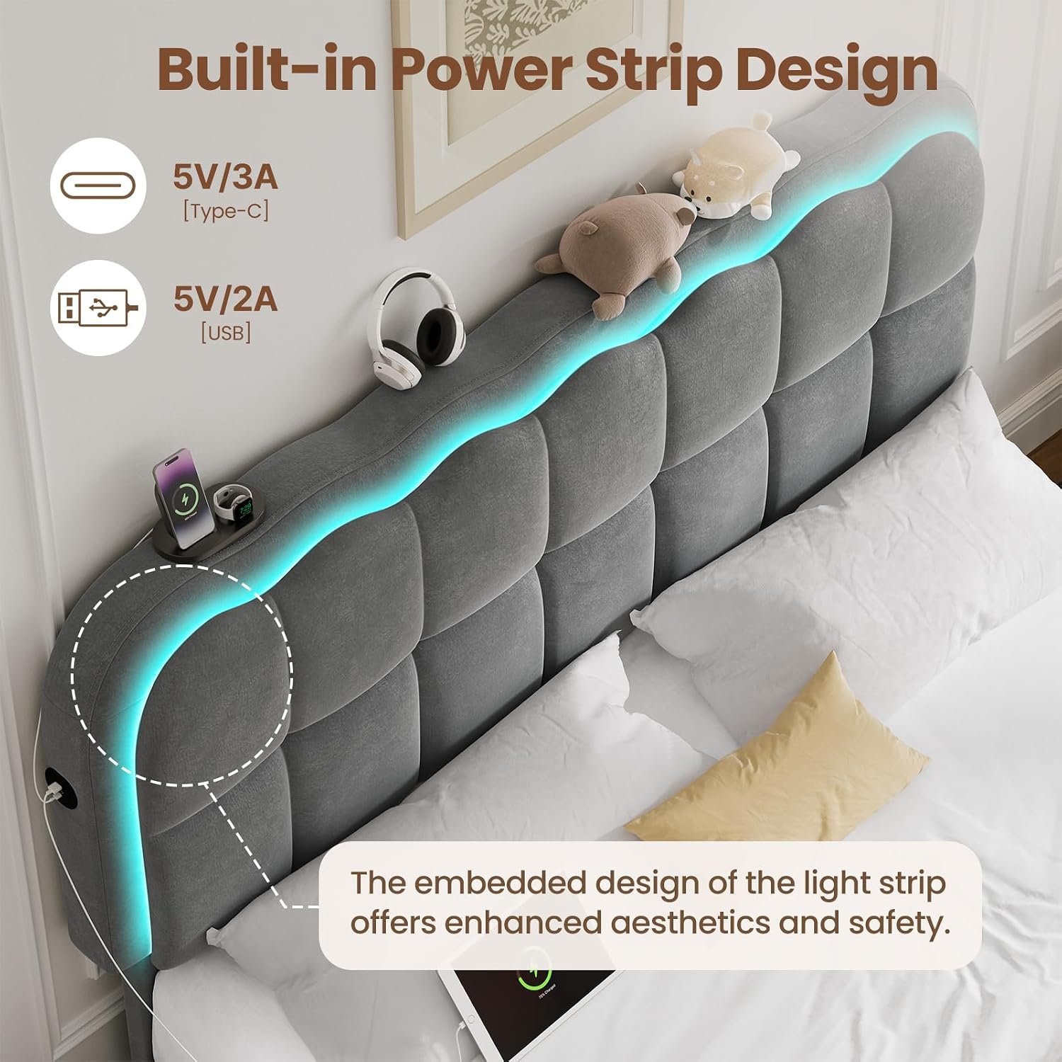 CypBed Queen Size Bed Frame with 4 Storage Drawers & LED Lights, Velvet Upholstered Platform Bed Frame with Charing Station and Adjustable Headboard, Wood Slats Support, No Box Spring Needed, Grey