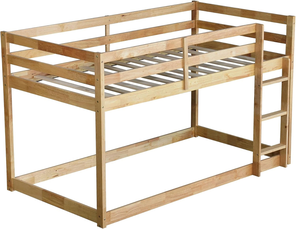 Bunk Bed Twin Over Twin, Floor Bunk Bed with Ladder, Safety Guard Rails, Heavy Duty Wooden Twin Bunk Beds Frame Low Bunkbeds No Box Spring Required, Natural