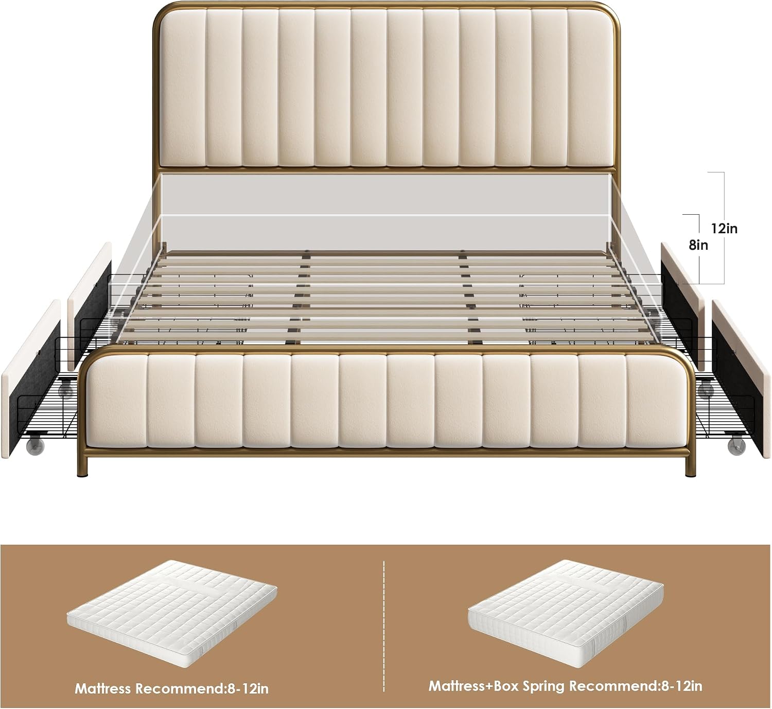 HITHOS Upholstered Full Size Bed Frame with 4 Storage Drawers and Headboard, Heavy Duty Metal Mattress Foundation with Wooden Slats, Easy Assembly, No Box Spring Needed (Golden/Off White, Full)