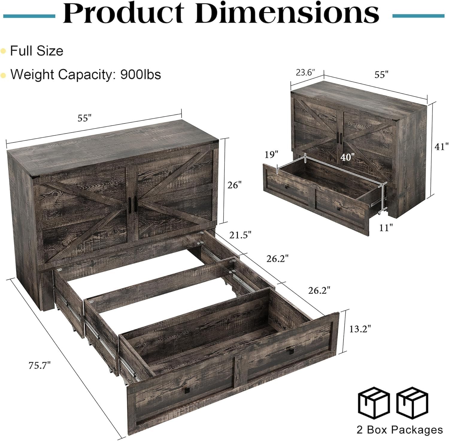 LUXOAK Full Murphy Bed with Storage and Charging Station, Farmhouse Cabinet Bed, Noise-Free, for Guest Room, Apartment, or Office, Black Oak