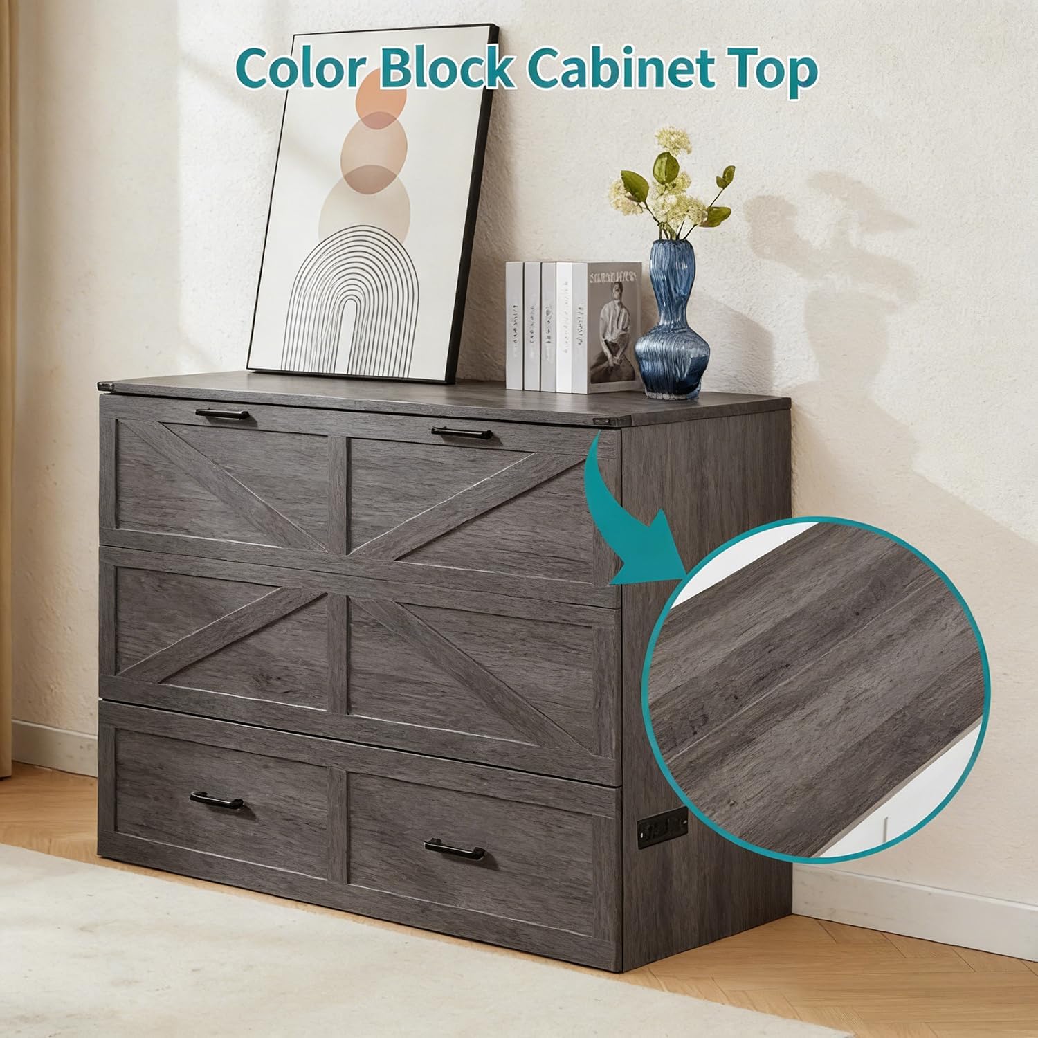 Queen Murphy Bed Cabinet with Charging Station and Storage, Farmhouse Foldable Platform Bed for Bedroom, Living Room, Guest Bedroom,Home Office,Rutic Grey (Queen Size)