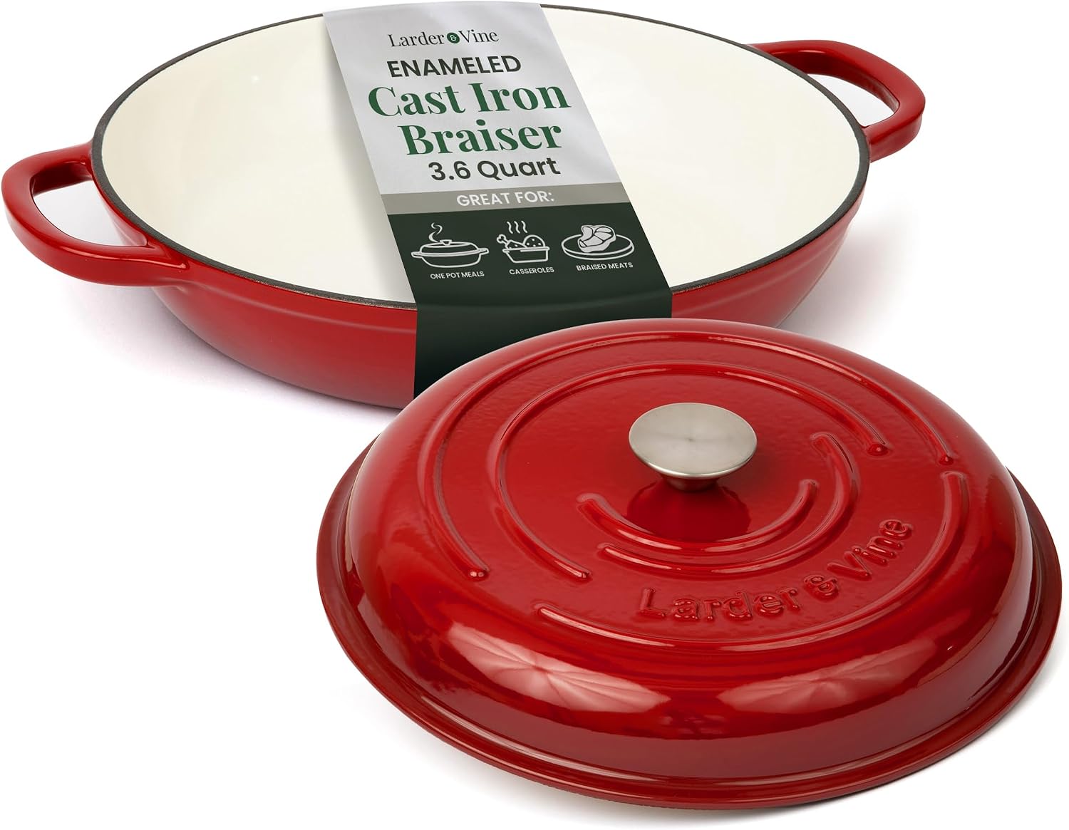 Larder & Vine Enameled Cast Iron Braiser | 3.6 qt Braiser Pan with Lid | Shallow Dutch Oven Compatible on All Cooktops | Casserole Dish Oven Safe to 500° F | Dual Handles | Cabernet
