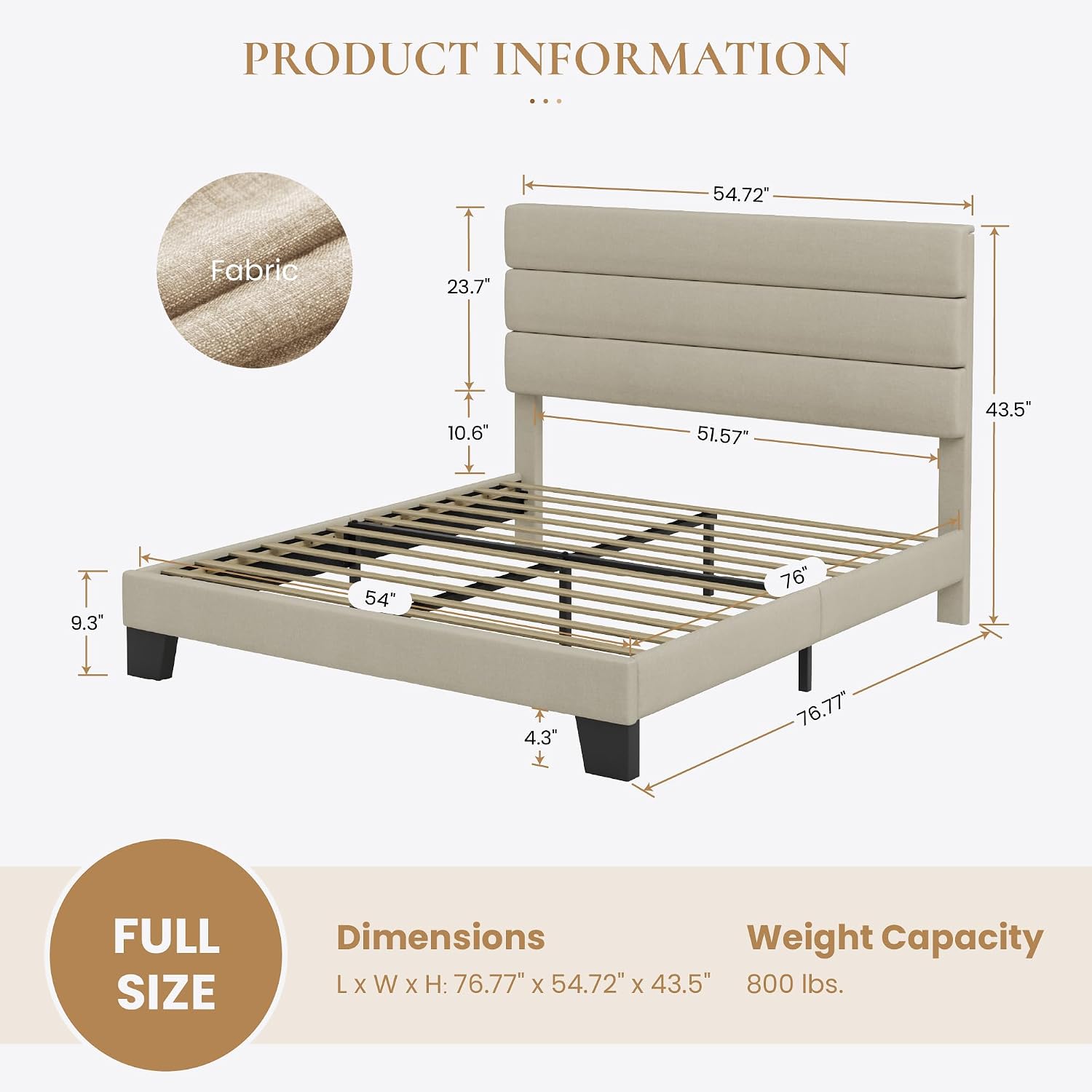 SHA CERLIN Full Platform Bed Frame with Upholstered Fabric Headboard, Mattress Foundation with Strong Wooden Slats Support, No Box Spring Needed, Beige