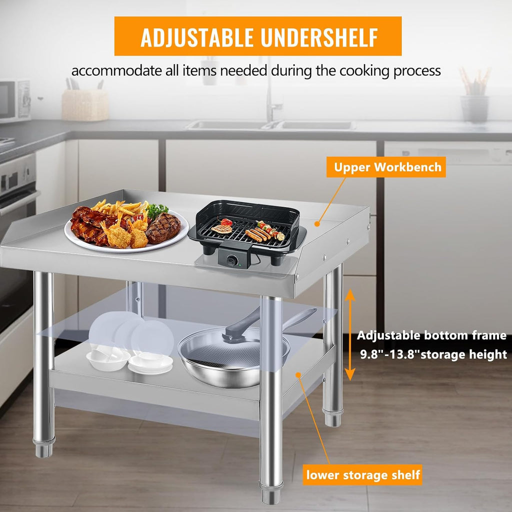 GarveeTech Stainless Steel 24x24x24 in Equipment Grill Stand Table, 1000 LBS Top Shelf, 220 LBS Bottom Shelf, Adjustable Legs, 2 in Edge Baffle, for Hotel, Home, Commercial Restaurant Kitchen