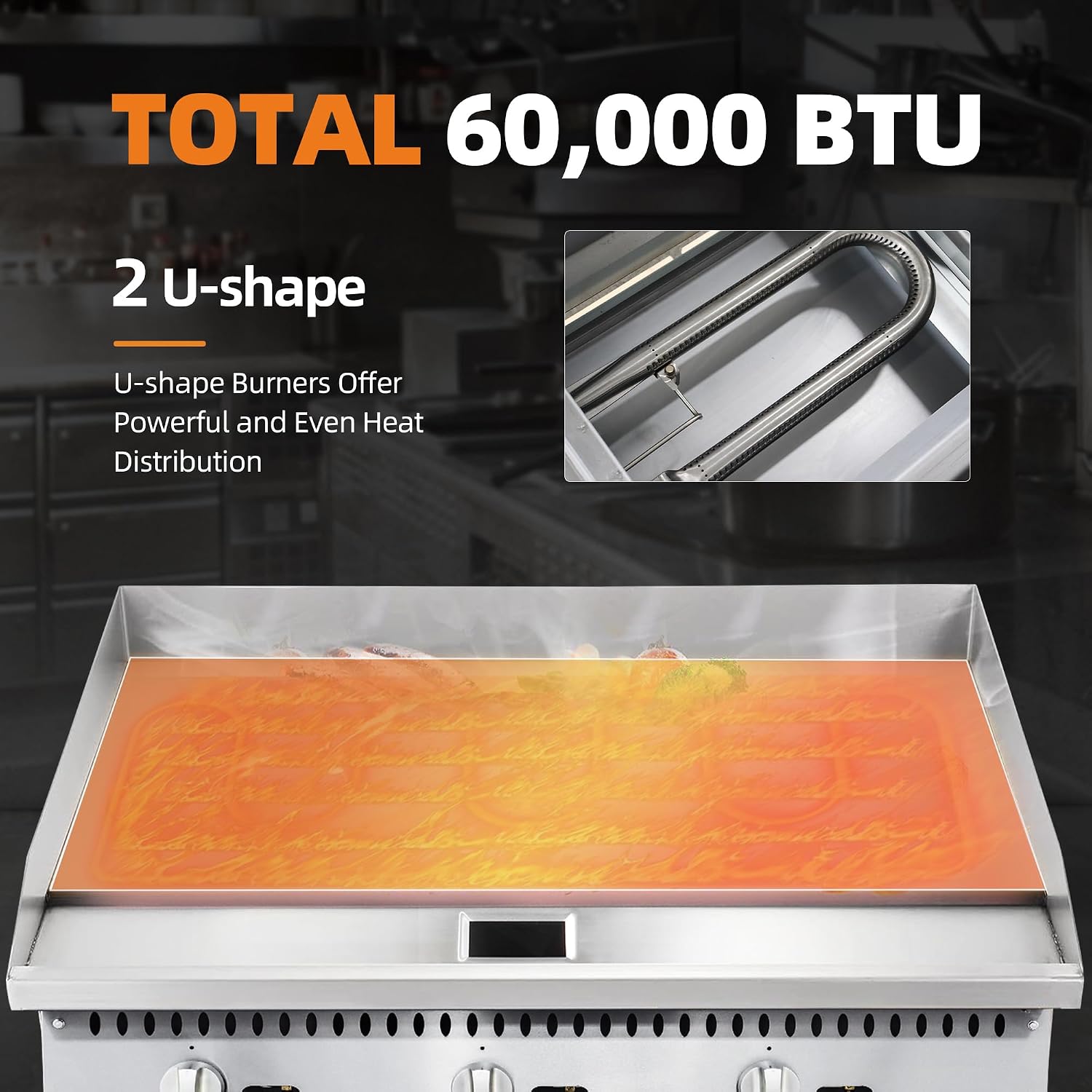 24' Commercial Countertop Griddle, 2 Burners Gas Griddle, 60000 BTU Output, Stainless Steel Flat Top Grill Hot Plate with Natural Gas and Propane Conversion Kit for Restaurant, Food Truck