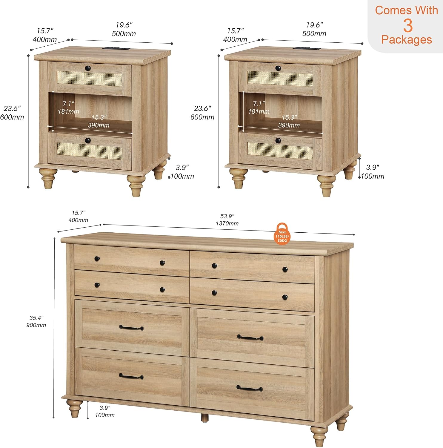 WAMPAT 3 Piece Bedroom Set - Includes Bedroom 8 Drawer Dresser, Set of 2 Bedside Tables with Charging Station & Rattan Drawer, 3 Piece Dresser and Nightstand Sets, Oak