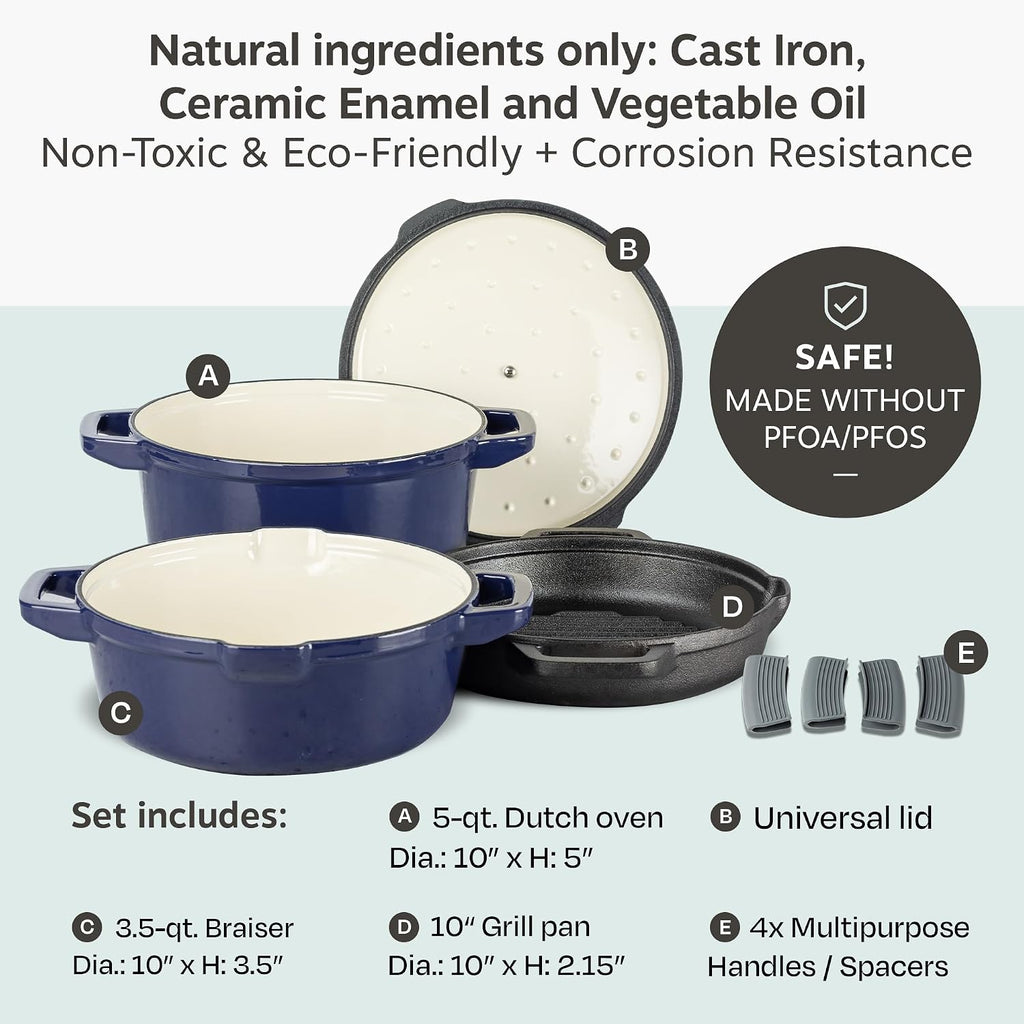 NATIVO 5 pc Stackable Cast Iron Cookware Set, Versatile Enamel Dutch Oven, Seasoned Grill Pan & Enamel Braiser with Precision Pour Spouts, Universal Lid, Included Spacers/Handle Holders, Midnight Blue