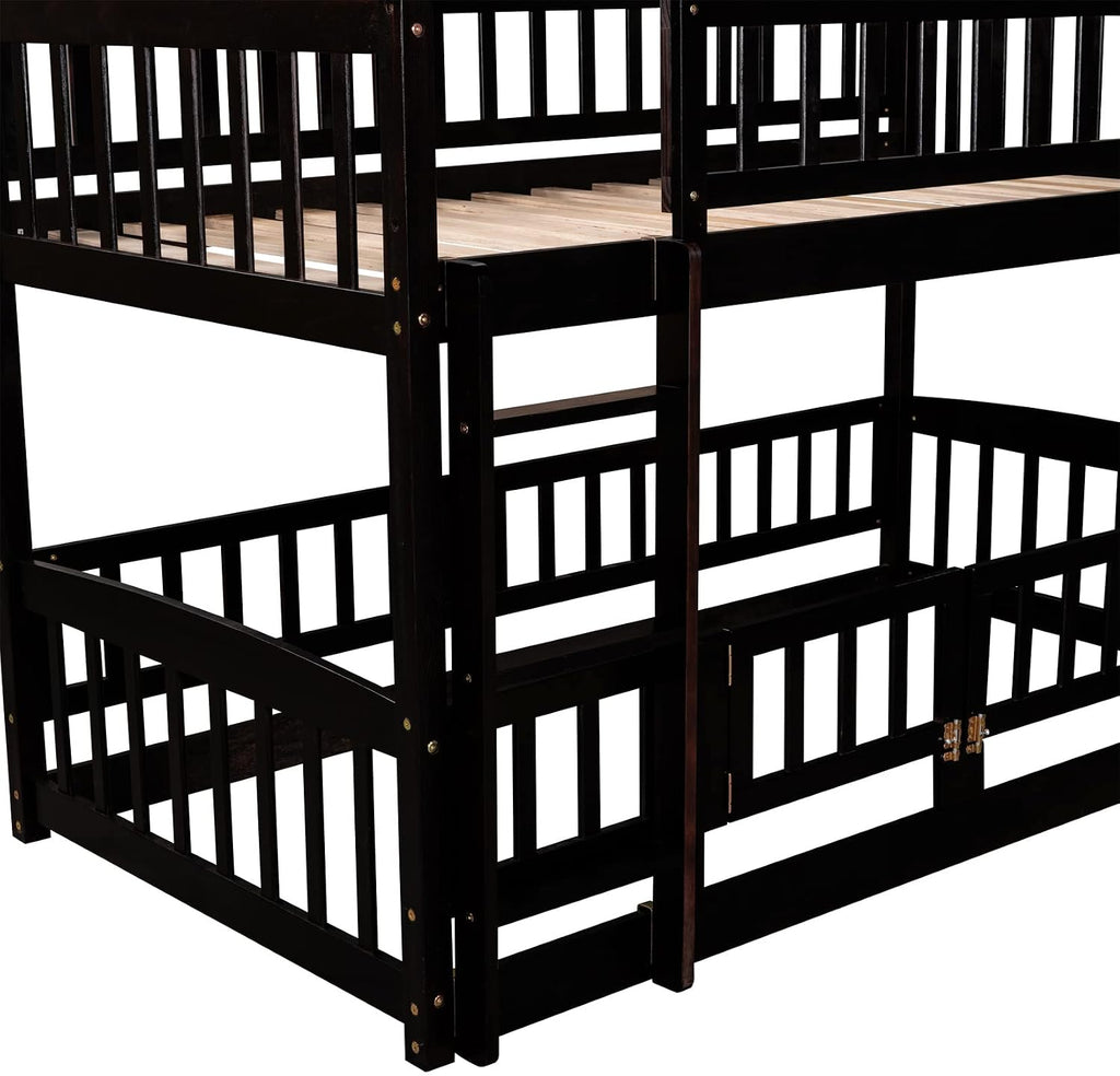 Bellemave Twin Over Twin Low Bunk Bed with Slide and Fence Railings Wood Floor Bunk Beds with Ladder for Kids Boys Girls Teens, Espresso