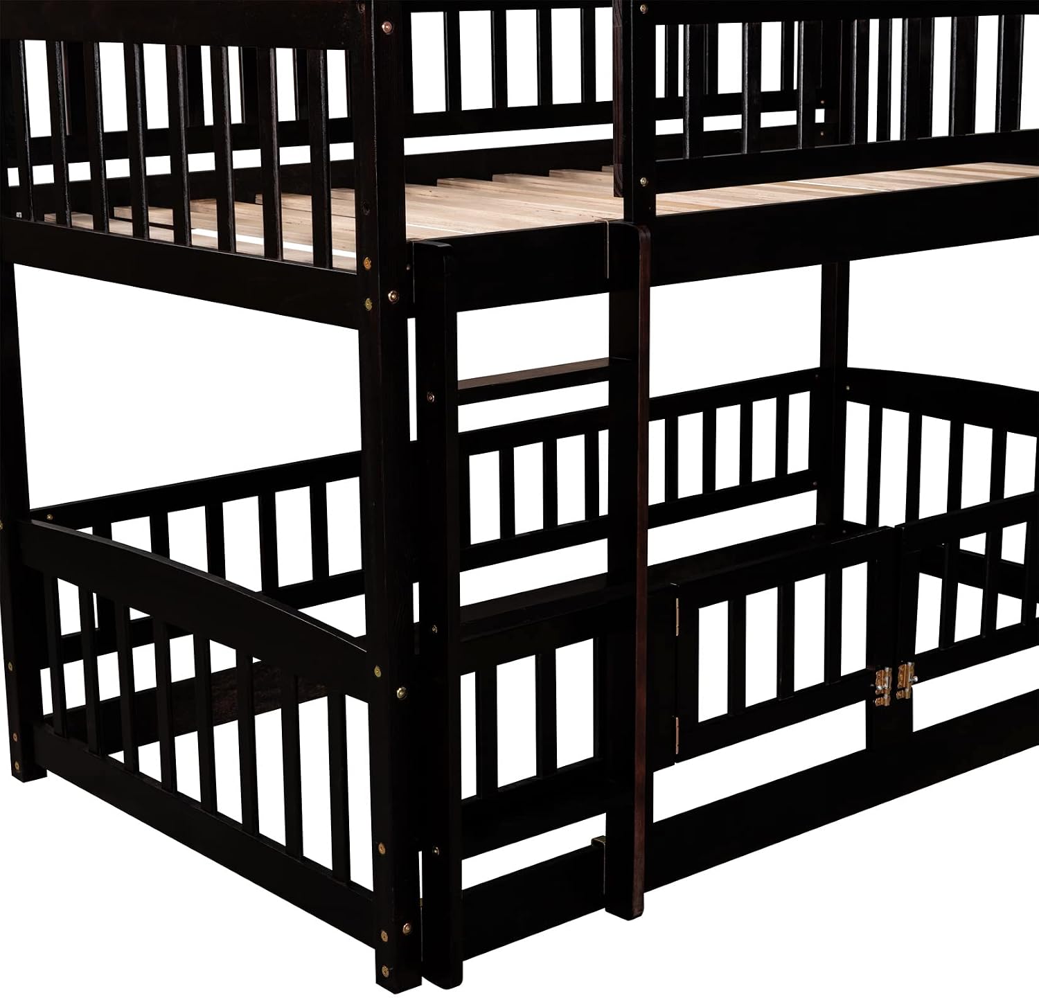 Bellemave Twin Over Twin Low Bunk Bed with Slide and Fence Railings Wood Floor Bunk Beds with Ladder for Kids Boys Girls Teens, Espresso
