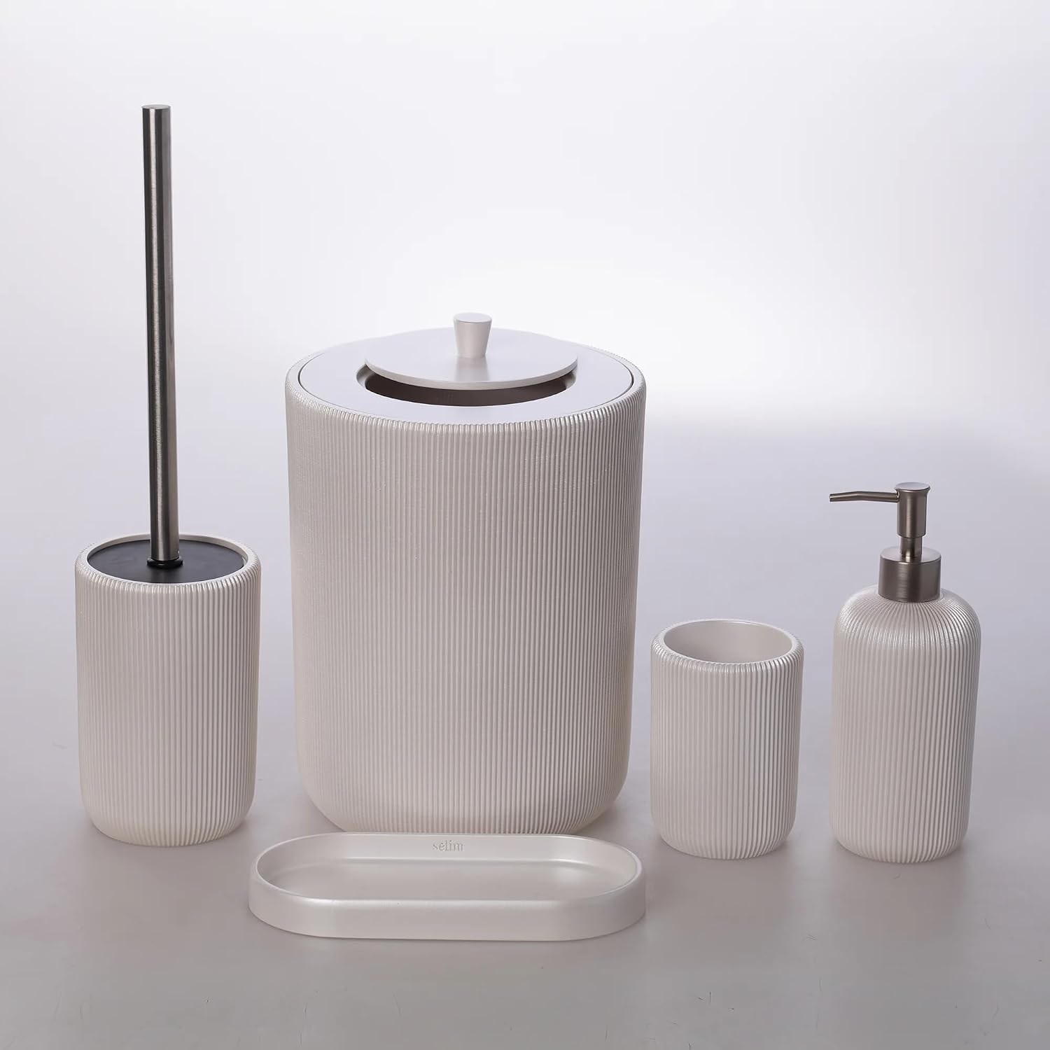 Lydia Collection 5-Piece Resin Bathroom Accessories Set – Toilet Brush Holder, Waste Bin, Soap Dispenser, Tray & Toothbrush Holder (Pearl)