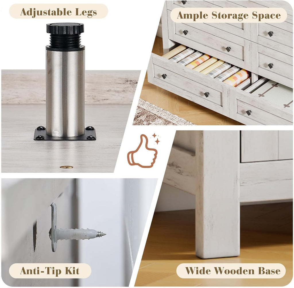 LUXOAK Bedroom Dresser and Nightstand 3 Piece Set, 1 X Wood Rustic 6 Drawer Storage Dresser, 2 X Farmhouse Nightstand with Charging Station, Farmhouse Bedroom Furniture Set, Rustic White