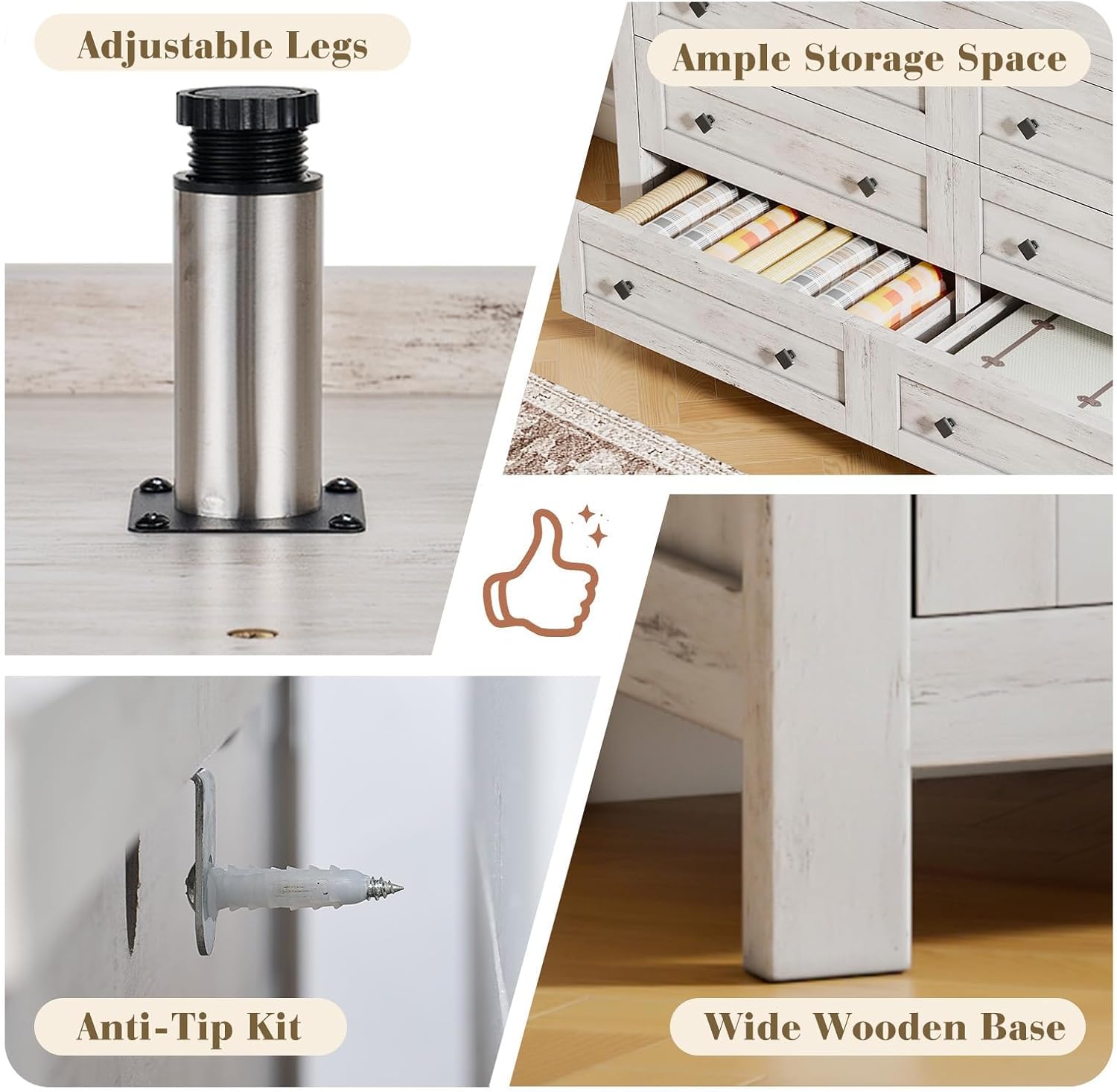 LUXOAK Bedroom Dresser and Nightstand 3 Piece Set, 1 X Wood Rustic 6 Drawer Storage Dresser, 2 X Farmhouse Nightstand with Charging Station, Farmhouse Bedroom Furniture Set, Rustic White