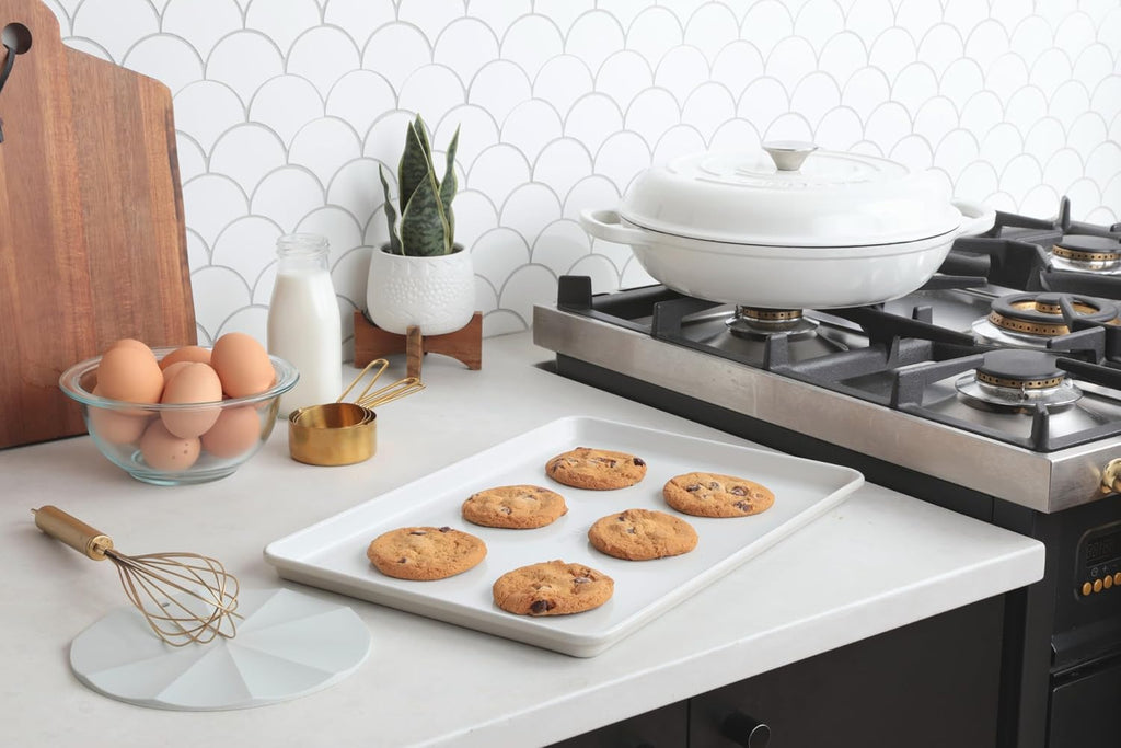 Larder & Vine 4-Piece Enameled Cast Iron Cookware Set: 8 Quart Dutch Oven with Lid, 3.6 Quart Braiser with Lid, Cast Iron Cookware with Oversized Handles, Oven Safe up to 500°F (White)