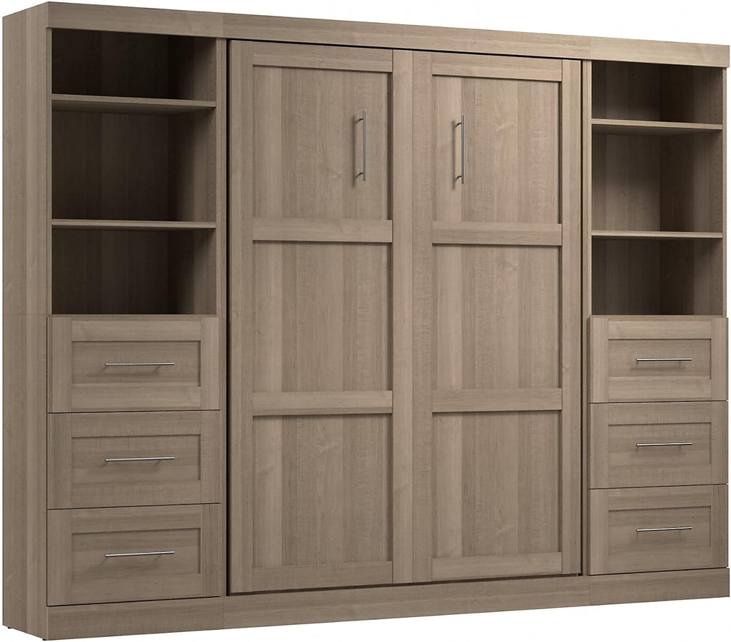 Bestar Pur Full Murphy Bed and 2 Shelving Units with Drawers, 109-inch Space-Saving Sleeping Arrangement in Ash Gray