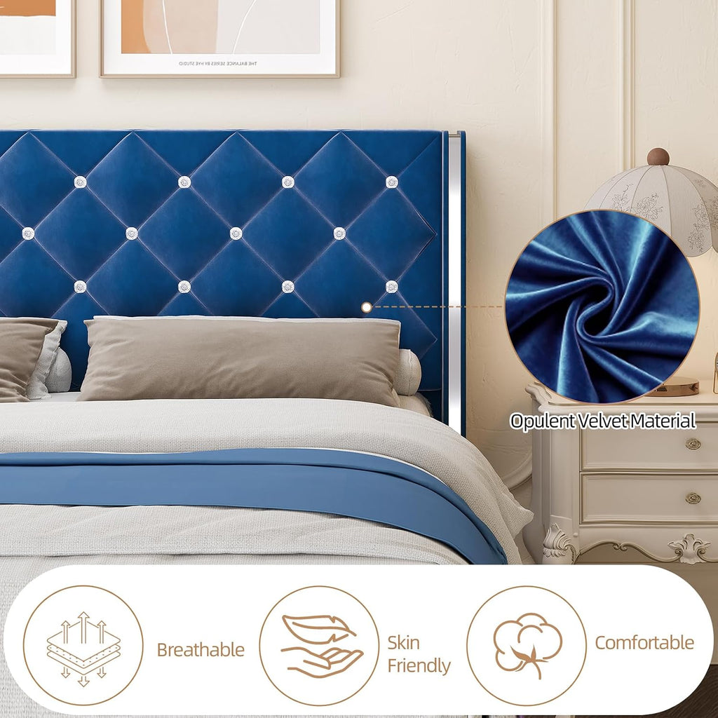 HOMBCK Full Size Bed Frame, Upholstered Bed with Diamond Headboard, Black Velvet Bed Frame with Wingback Headboard & Footboard, No Box Spring Needed, Easy Assembly, Blue