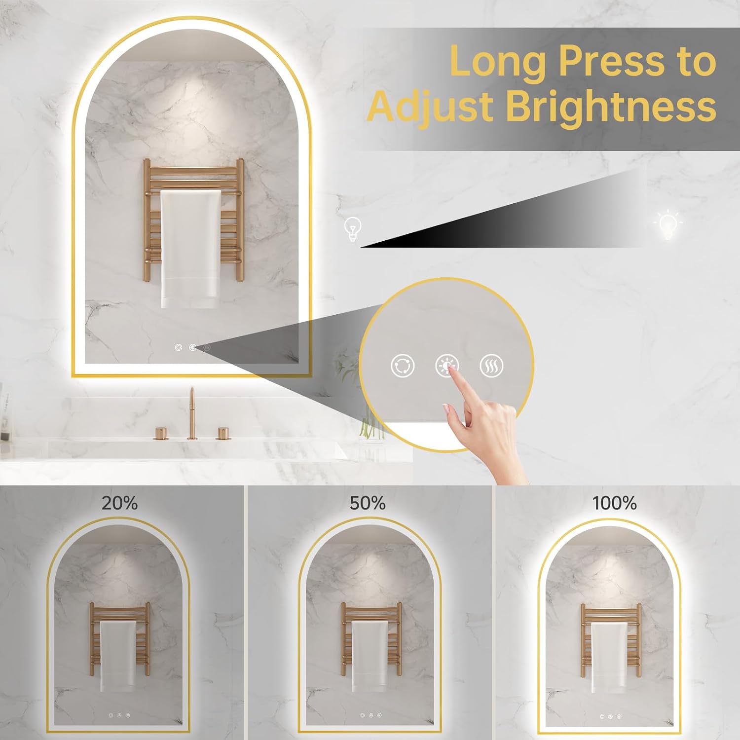 24'x36' Arched LED Mirror for Bathroom, Brushed Gold Lighted Bathroom Mirror with Lights, Fogless, Dimmable, Shatterproof, Touch Sensor, 3 Color Changing