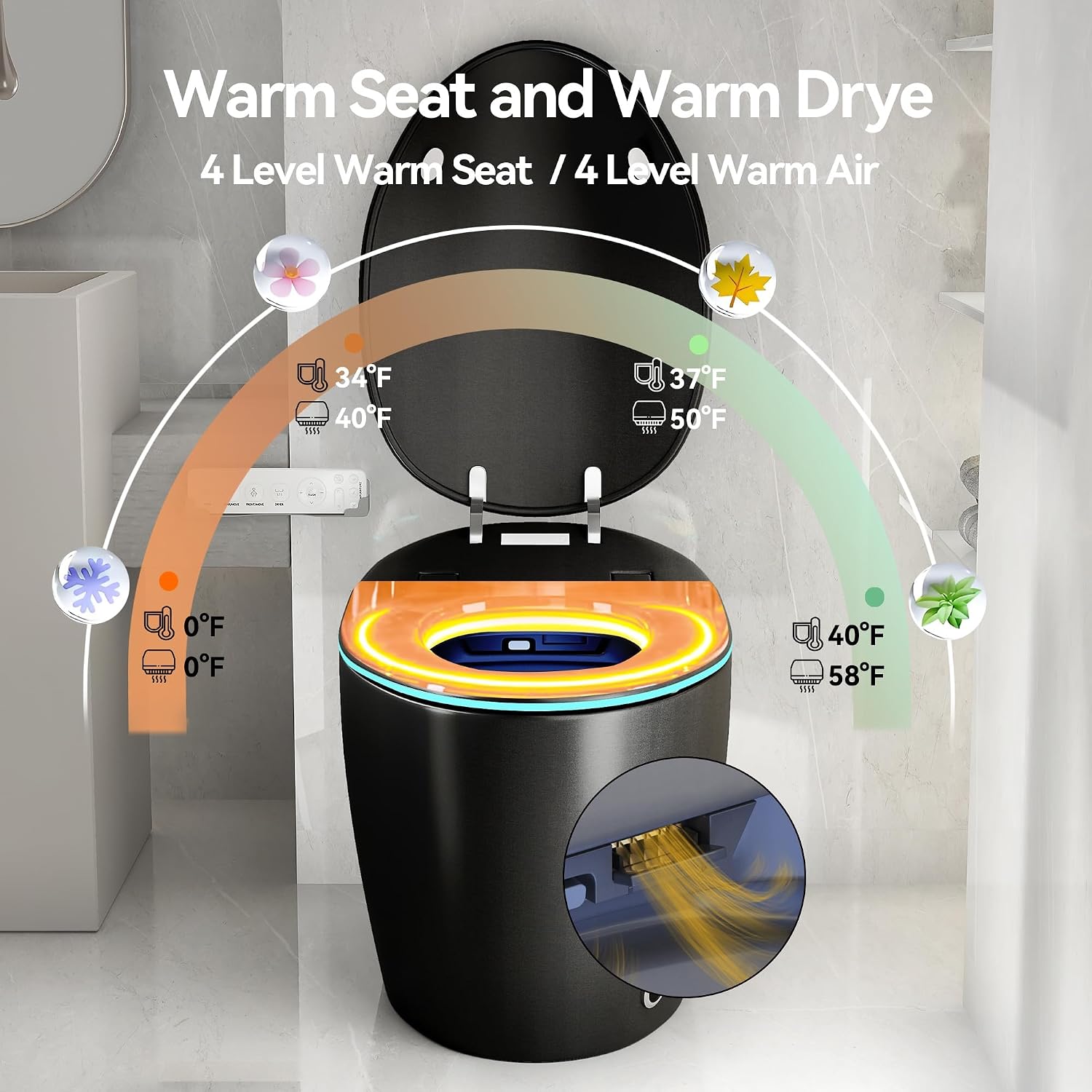 Smart Toilet, Electric Tankless Toilet with Bidet Built in & Dryer, Auto Open/Close, Instant Warm Water, Elongated Heated Seat, Auto Flush (Matte Black, Oval Egg Shaped)