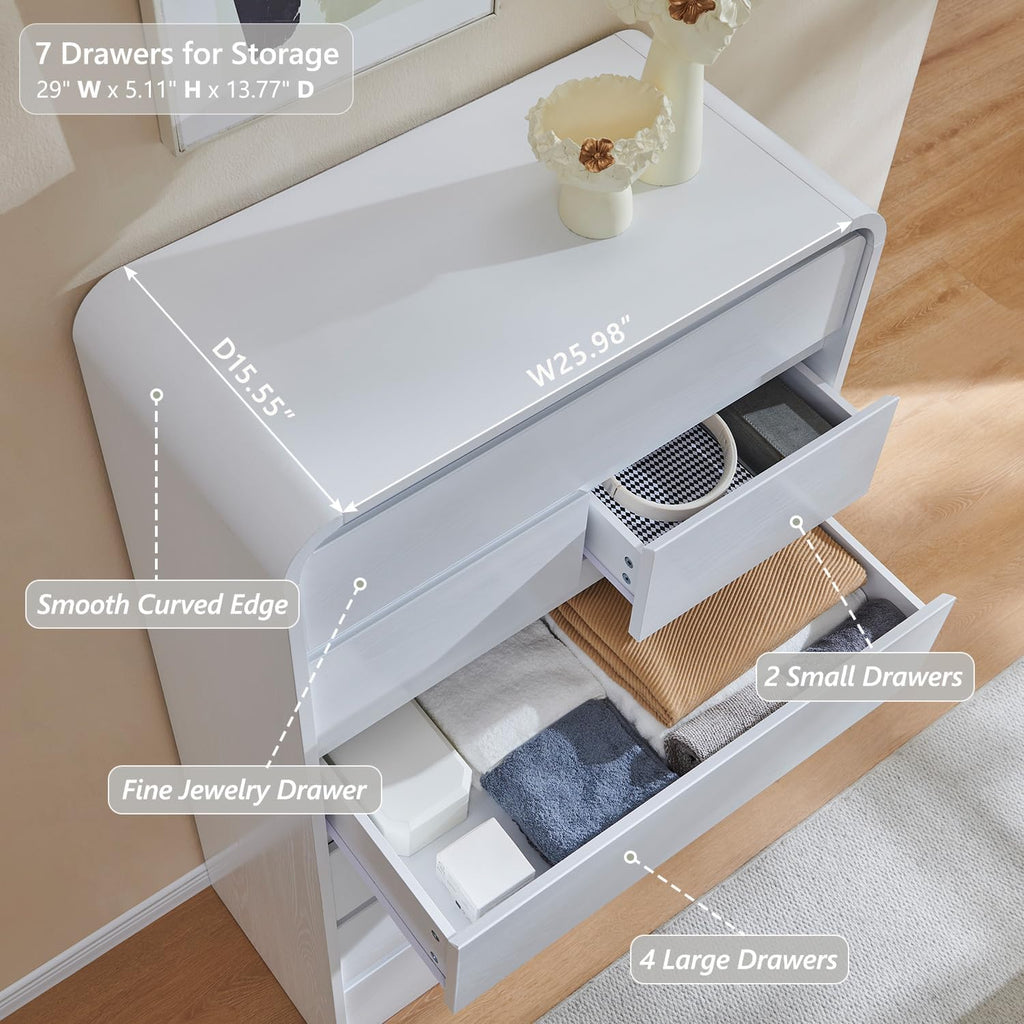 Aitjunz Modern 7 Drawers Dresser for Bedroom, 55' Tall Dressers & Chest of Drawers w/Curved Profile Design, Wood Mid Century Vertical Storage Dressers Organizer for Bedroom, Living Room, White