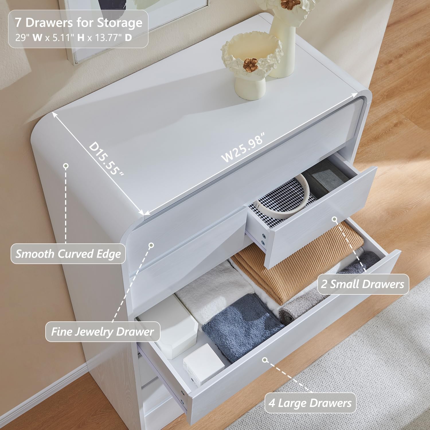 Aitjunz Modern 7 Drawers Dresser for Bedroom, 55' Tall Dressers & Chest of Drawers w/Curved Profile Design, Wood Mid Century Vertical Storage Dressers Organizer for Bedroom, Living Room, White