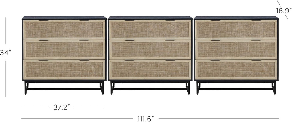 Nathan James Kova Boho Dresser or Storage Cabinet with Drawers for Bedroom or Nursery with Textilene Rattan Accent and Metal Legs, Black Oak, Set of 3