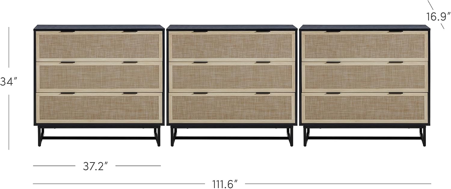 Nathan James Kova Boho Dresser or Storage Cabinet with Drawers for Bedroom or Nursery with Textilene Rattan Accent and Metal Legs, Black Oak, Set of 3
