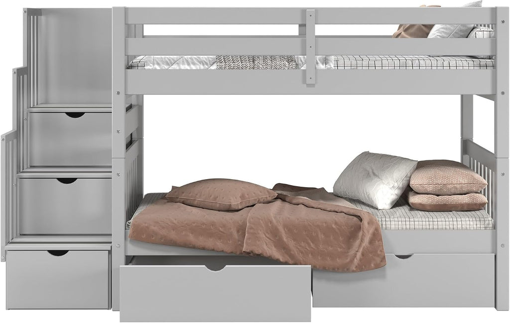 Bedz King Stairway Bunk Beds Twin Over Twin with 3 Drawers in the Steps and 2 Under Bed Drawers, Grey