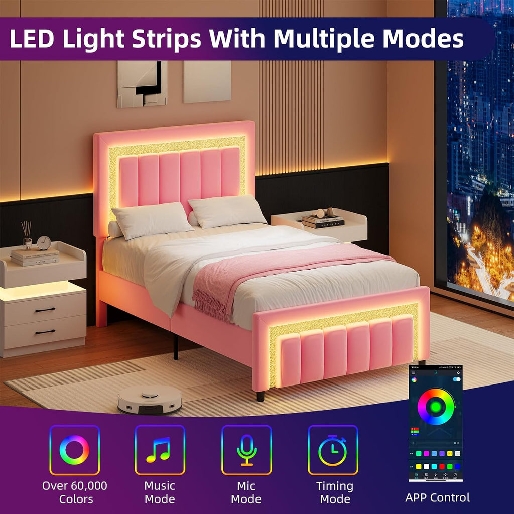 HOMBCK Twin Bed Frames for Kids, Twin Size Bed Frame with LED Lights and Velvet Upholstered Adjustable Headboard, Princess Diamond Design, Wooden Slats Support, Noise Free, No Box Spring Needed, Pink