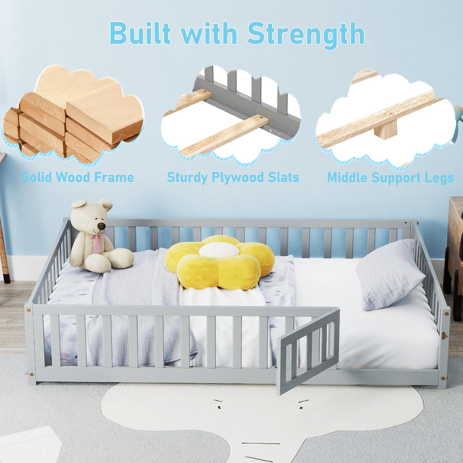 KOMFOTT Full Size Wood Floor Bed with Door & Fence, Montessori Bed Frame with Full Length Safety Guardrails, Slats Support, Door & Latch, Wooden Montessori Floor Bed, No Box Spring Needed (Grey)