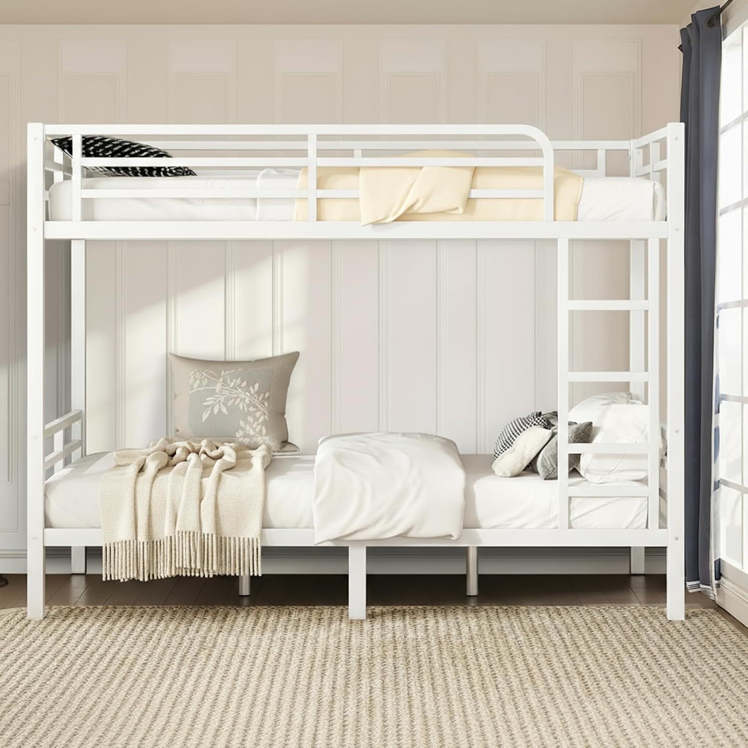 Twin XL Over Twin XL Bunk Bed Frame, Heavy Duty Metal Loft Bed for Adults/Teens, 350/500LB Capacity w/Ladder & Guardrail, Noise-Free Steel Slats, No Box Spring Required, White