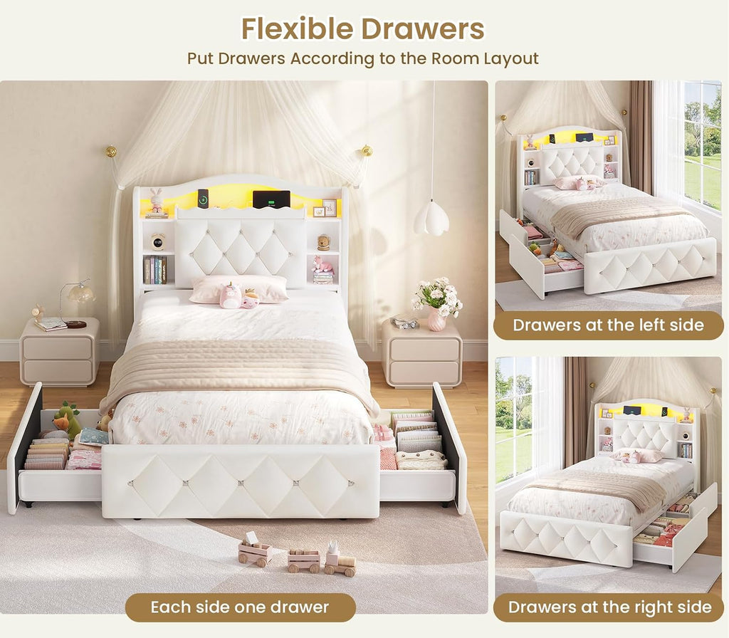 DICTAC Twin Size Bed Frame for Kids with Storage Drawers, Bookcase Headboard, LED Lights and Power Outlets, Diamond Tufted Velvet Upholstered Princess Platform Bed, Heavy-Duty Metal Support, Beige
