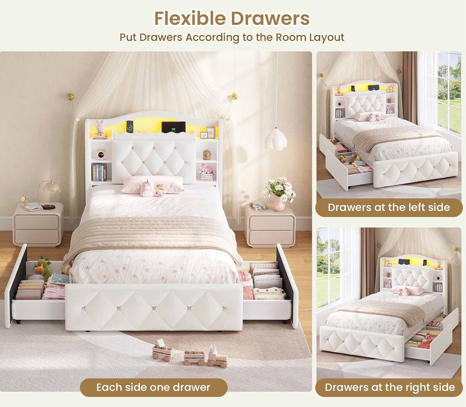 DICTAC Twin Size Bed Frame for Kids with Storage Drawers, Bookcase Headboard, LED Lights and Power Outlets, Diamond Tufted Velvet Upholstered Princess Platform Bed, Heavy-Duty Metal Support, Beige