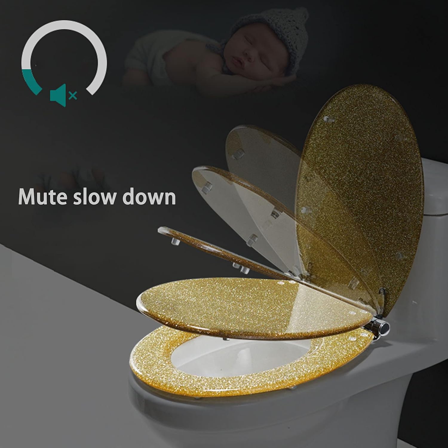 Toilet Seat Soft Close Toilet Seat Black Toilet Seat Cover, Sparkly Toilet Seat Glitter Toilet Seat Slow Close Toilet Seat Round(Gold)