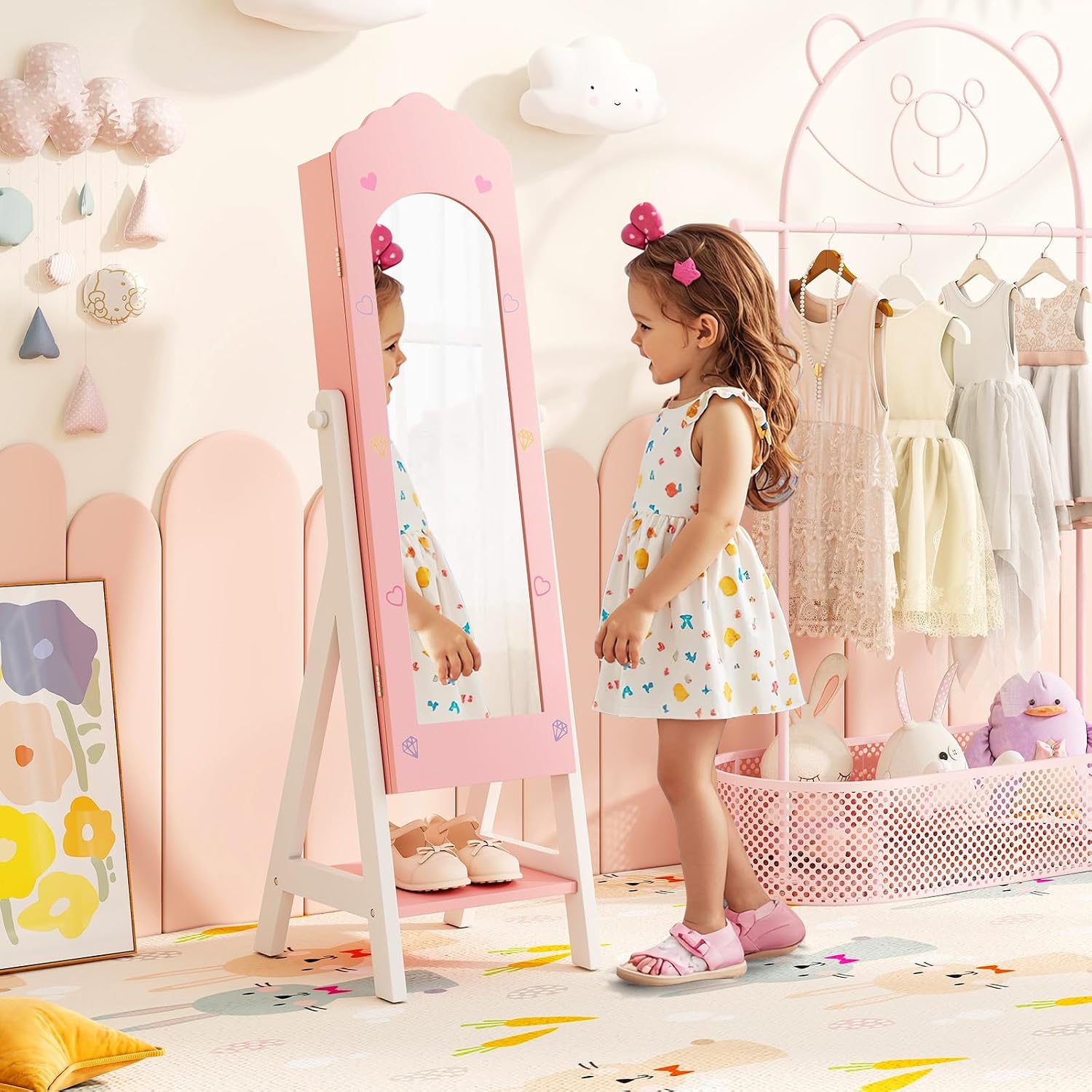 Costzon Kids Vanity & Jewelry Armoire Cabinet, Kids Makeup Vanity Table and Chair Set, Standing Jewelry Organizer with Full-Length Mirror, Kids Bedroom Furniture Set for Girls (Pink)