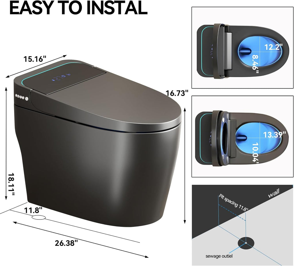 One Piece Toilet,Smart Toilet with Bidet Built In,Ceramic Toilet with Dryer and Warm Water, Intelligent Toilet Auto Open/Close Seat,Heated Seat,Grey