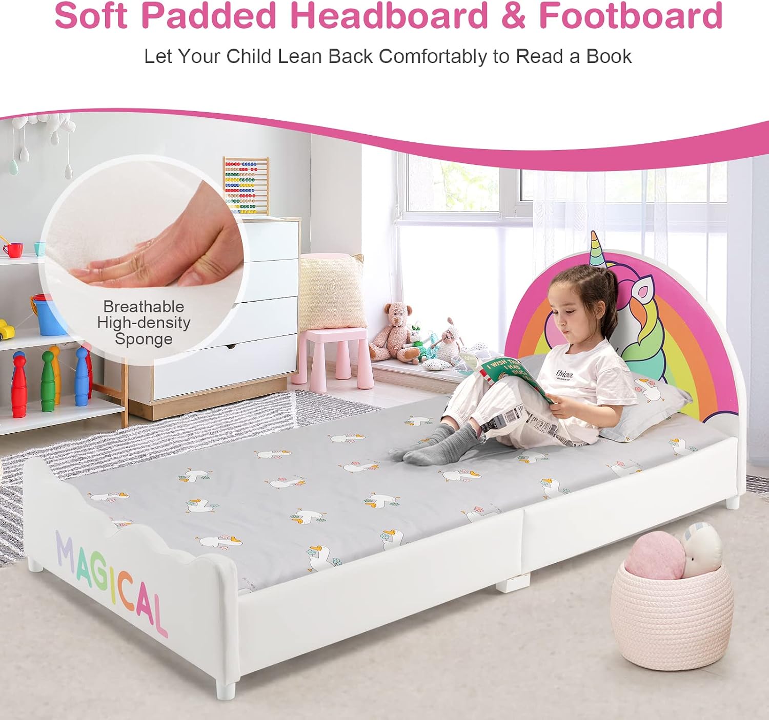 Costzon Twin Bed Frames for Kids, Wood Upholstered Twin Bed Platform with Slat Support, Padded Headboard&Footboard, No Box Spring Needed, Easy Assembly, Fits Standard Twin Mattress (Rainbow)