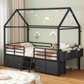 ADORNEVE Twin Size Bed Frame with 6 Drawers,House Bed with Globe String Lights Plug in,Metal Kids Bed with Safety Guardrail & Inclined Ladder,No Box Sping Needed,Black