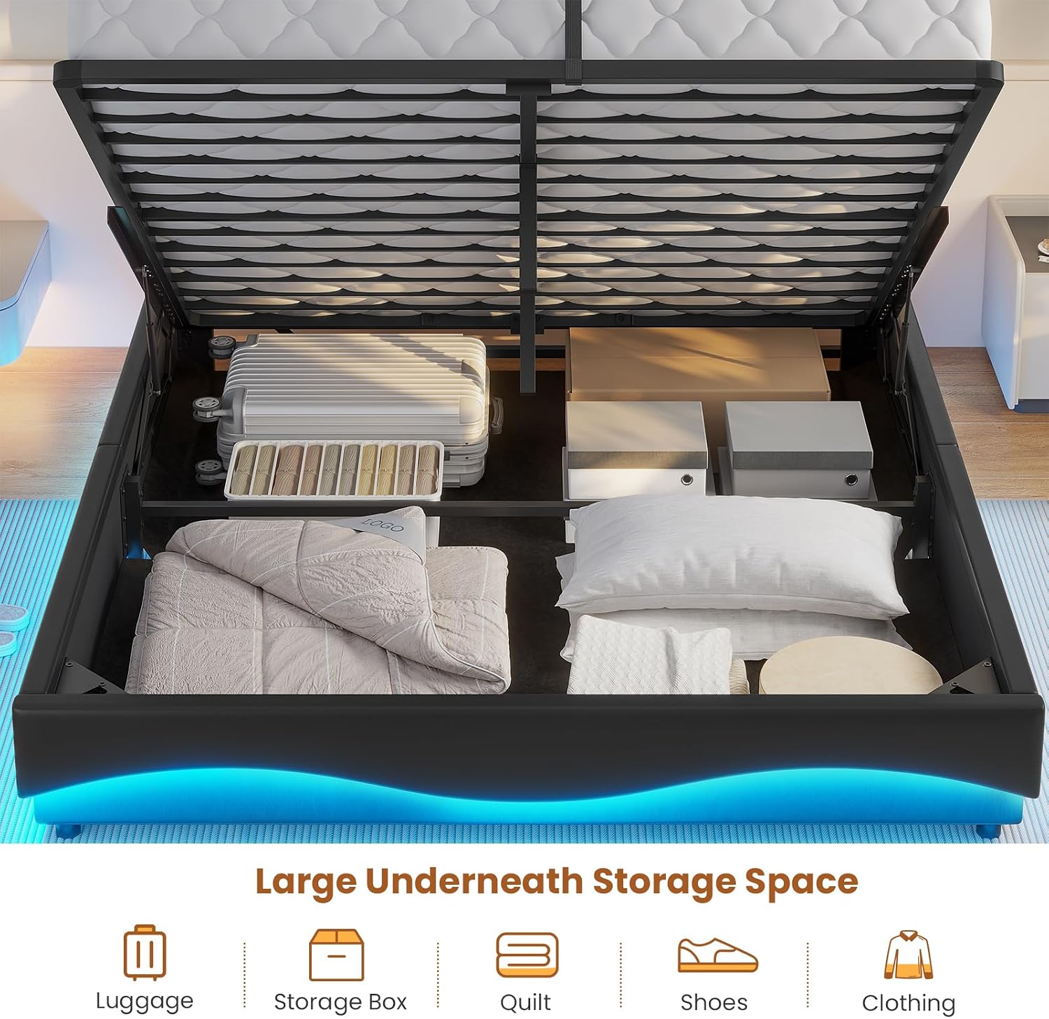 ADORNEVE Lift Up Storage Full Size Bed Frame with Type-C Charging Station& Hidden Storage Headboard, LED Lights Upholstered Platform Bed,Full Bed with Hydraulic, No Box Spring Needed,Black