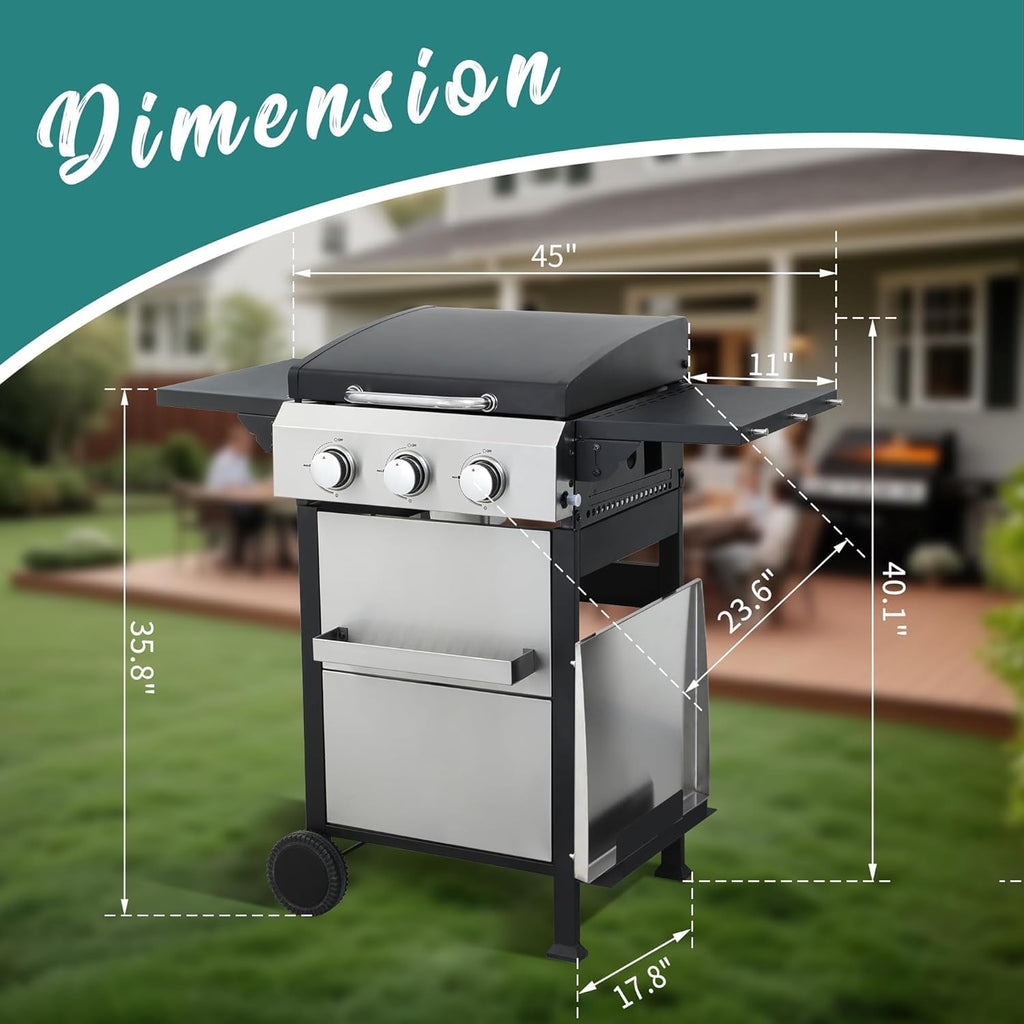 3 Burner Propane Gas Grill with Foldable Side Tables & Lid, 30,000 BTU Outdoor BBQ Grill for Backyard Patio - Stainless Steel Plancha & Cast Iron Cooking Grids Combo