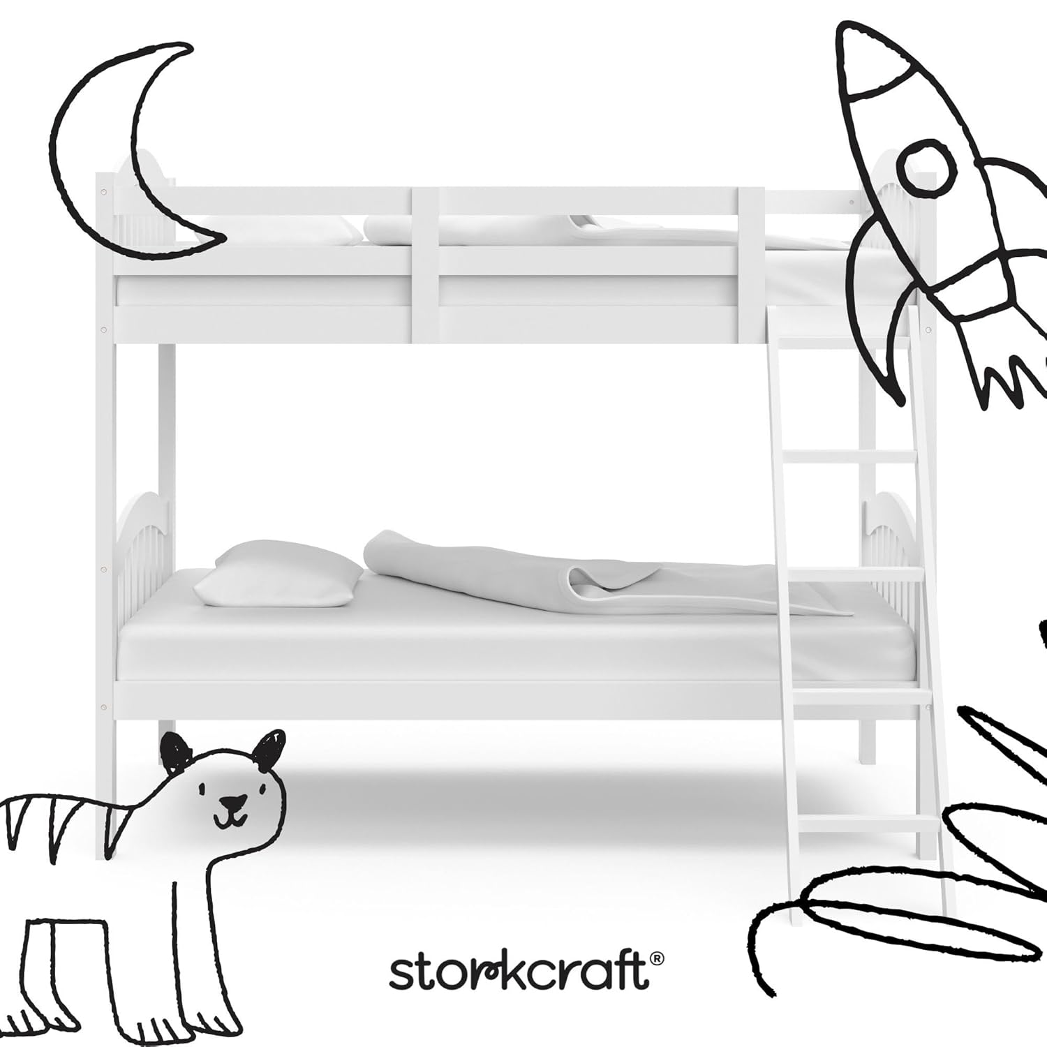 Storkcraft Long Horn Twin-Over-Twin Bunk Bed (White) - GREENGUARD Gold Certified, Converts to Two Twin Beds, Wood Bunk Bed for Kids Bedroom