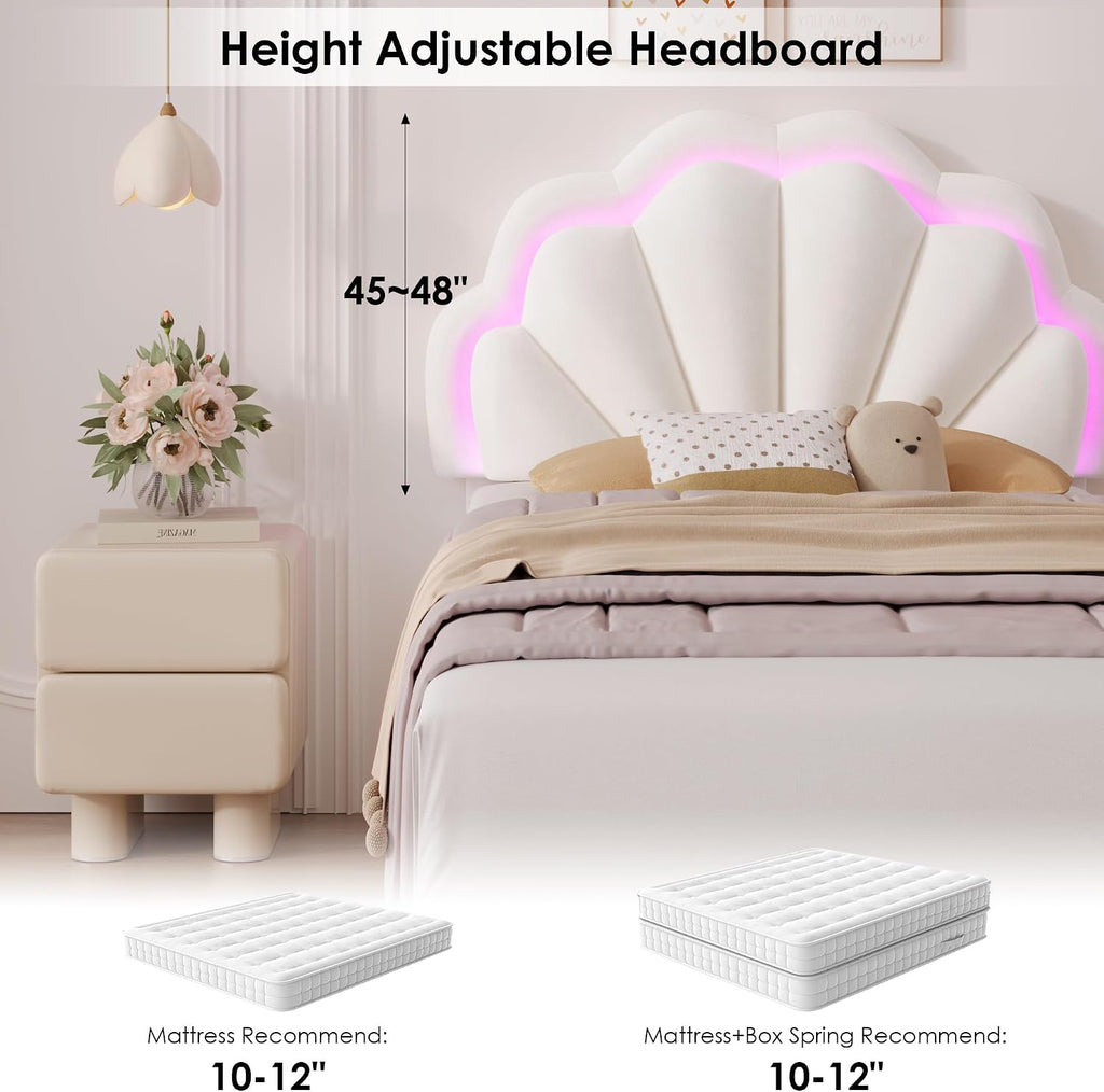 HIFIT 2 Set Twin Bed Frame with Storage and LED Light for Girls, Twin Size Upholstered LED Bed Frame with Drawer & Chic Double Petal Headboard, Solid Wood Slat, Kids Platform w/Storage, Beige