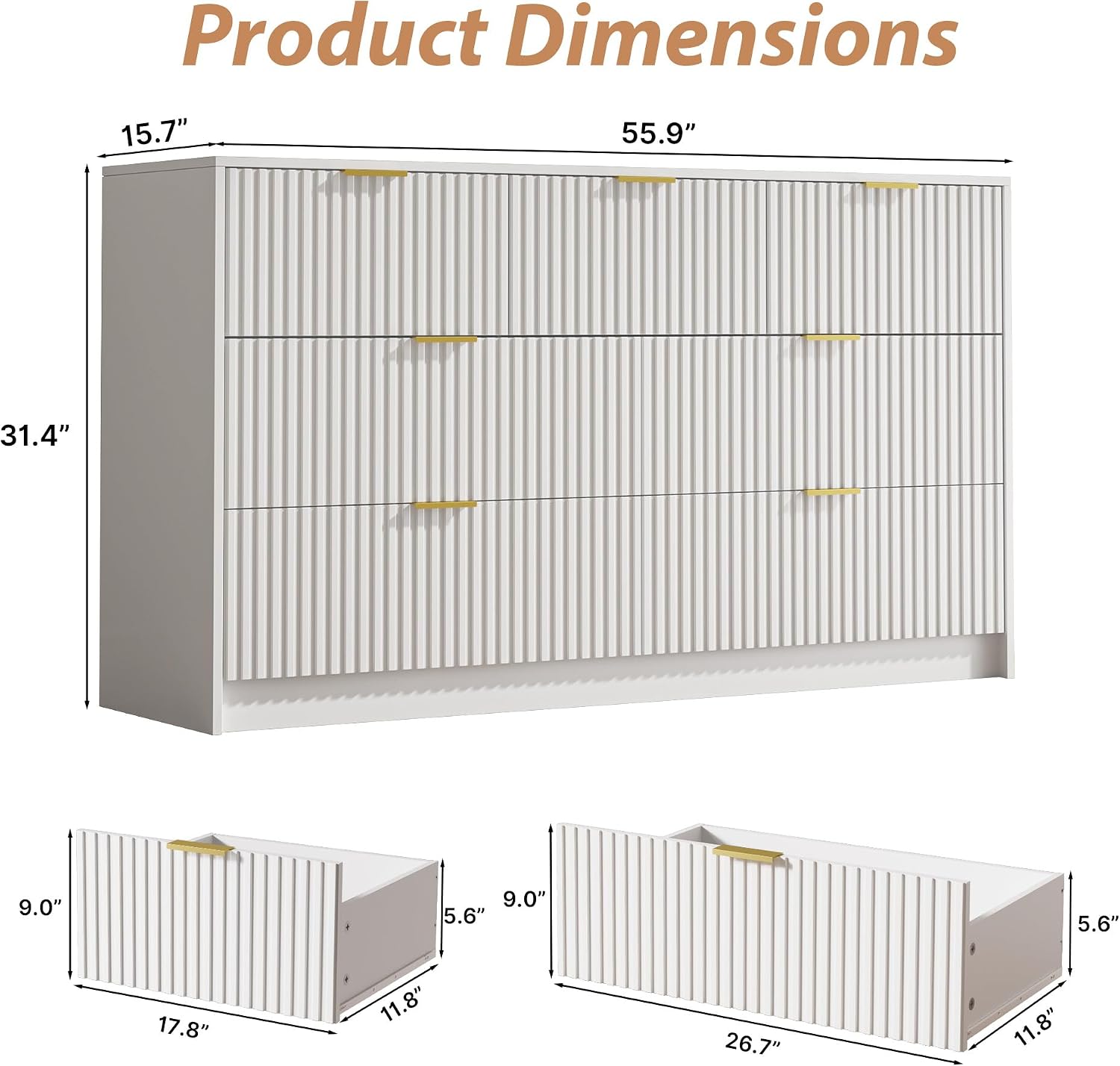 MAISONARIA 3-Piece Dresser Bedroom Set, 7 Drawer Dresser & 3 Drawer Nightstands with Gold Handles, Fluted Wood Chest of Drawers for Bedroom, Living Room, Entryway, White