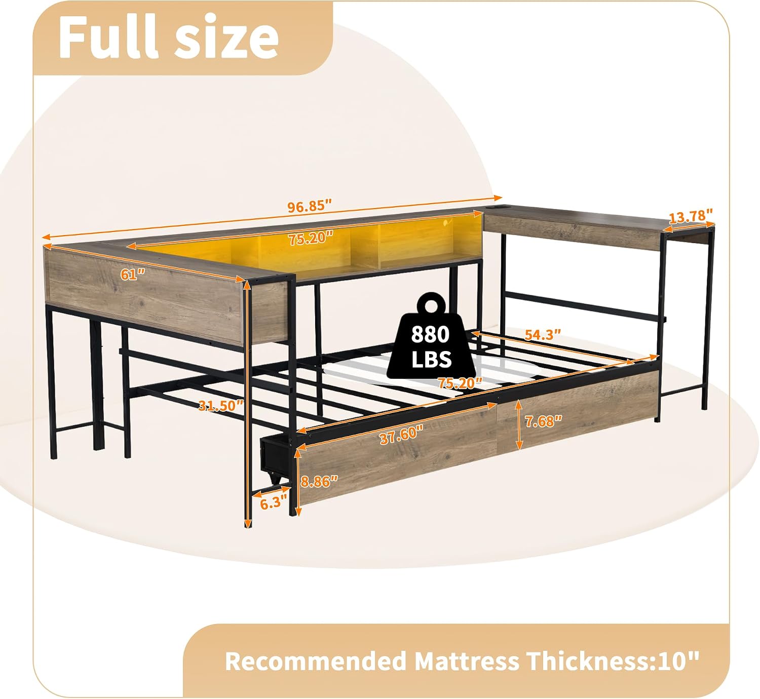 Corner Bed Frame with Storage Bookcase and LED Light, Full Size Platform Bed Frame with Storage Drawers and Desk, Full Size Daybed for Living Room & Guest Room,No Box Spring Needed (Black Grey, Full)