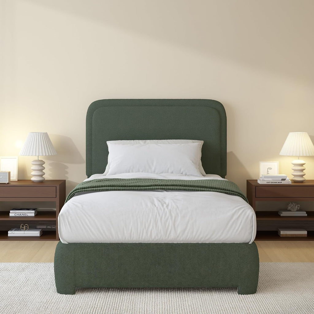 BarnFurin Twin Size Bed Frame, Boucle Upholstered Platform Bed Frame with Headboard, Soft Rounded Corners, No Box Spring Required, Non-Slip and Noise-Free, Easy Assembly, Green