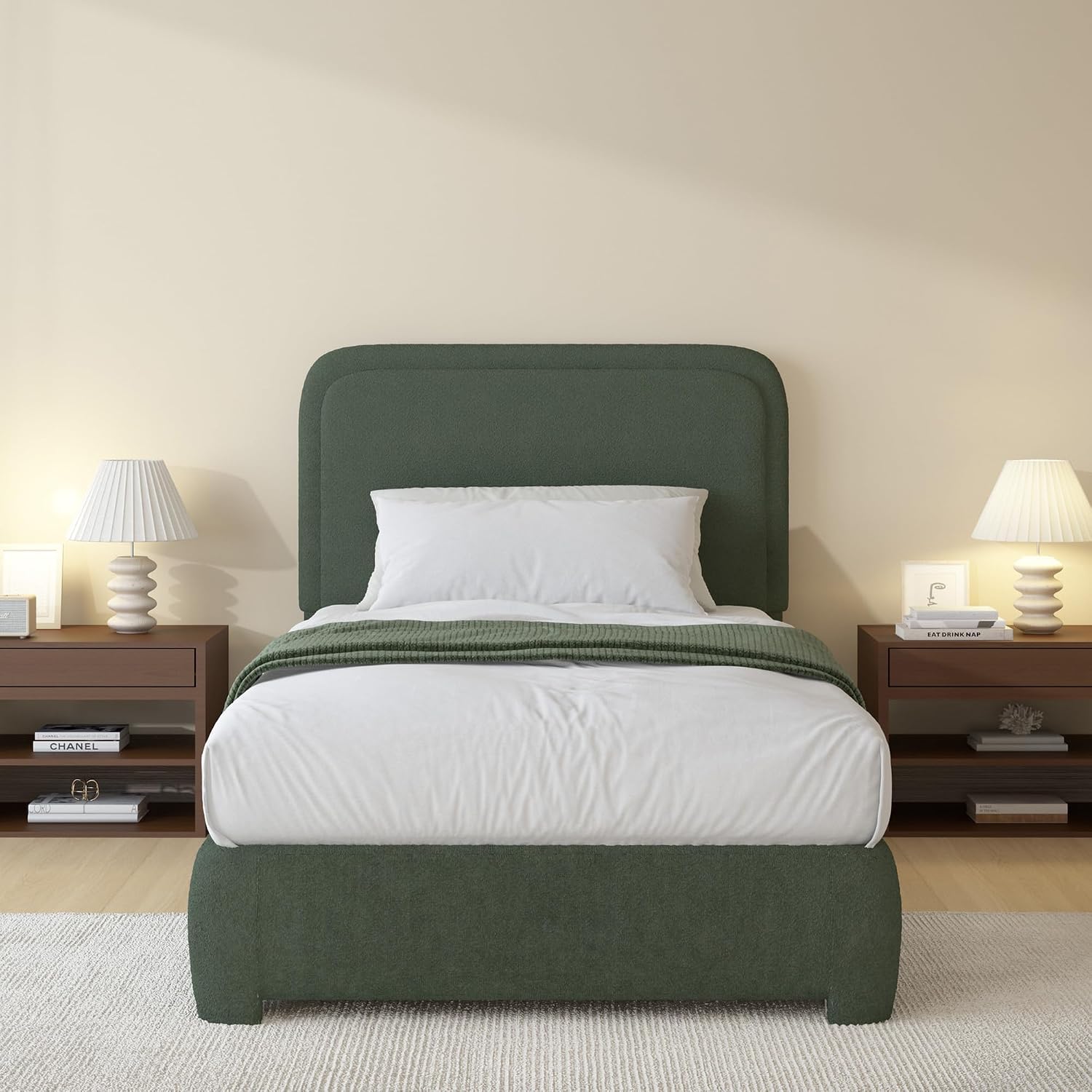 BarnFurin Twin Size Bed Frame, Boucle Upholstered Platform Bed Frame with Headboard, Soft Rounded Corners, No Box Spring Required, Non-Slip and Noise-Free, Easy Assembly, Green